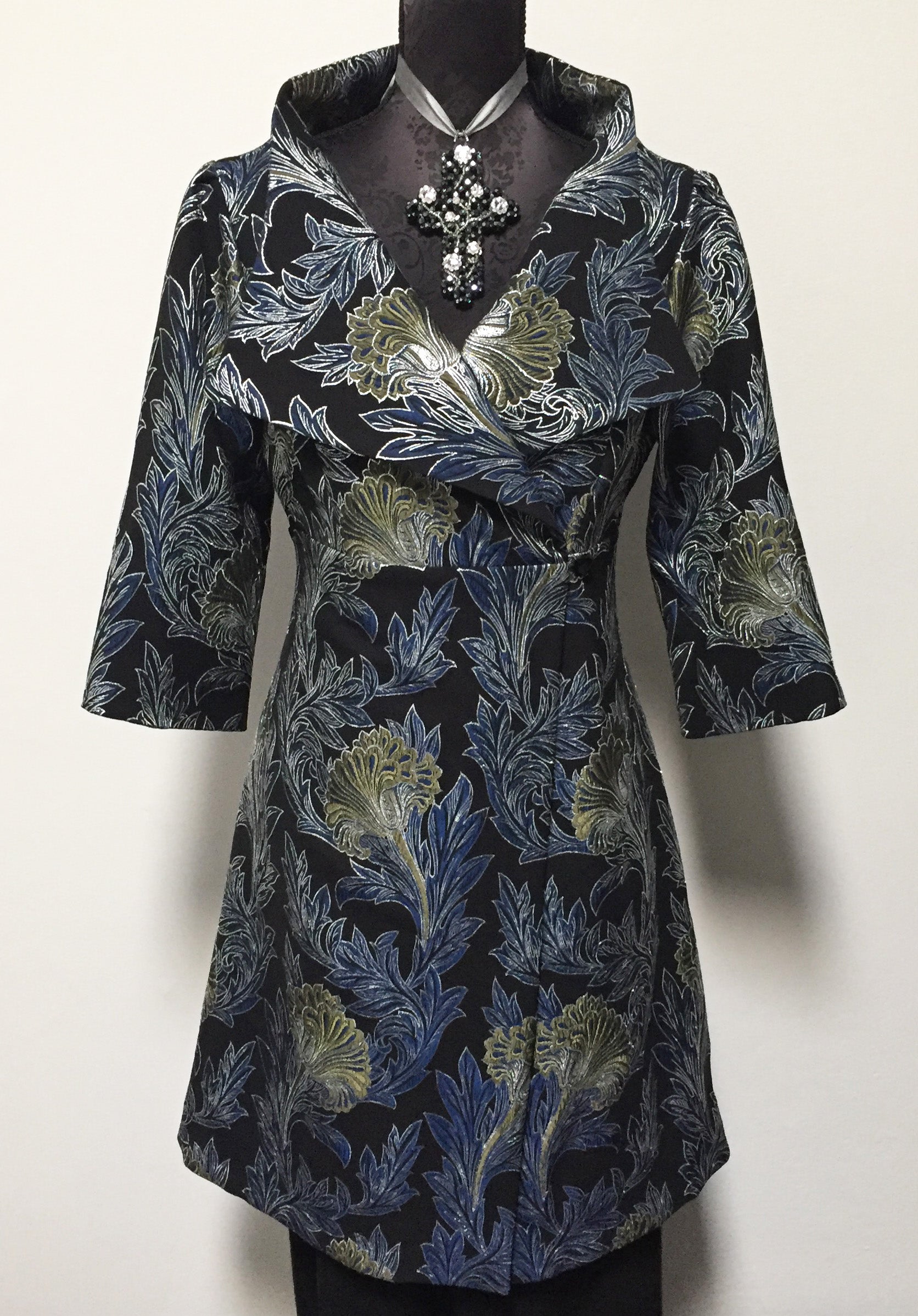 brocade jacket coat dress ladies apparel stylish clothing handmade in melbourne classy elegant clothing timeless pieces timeless clothing classic style unique clothing unique style ageless style luxe fabrics statement clothing statement style evening style clothing black blue green silver jacket womens clothing made in australia eloise the label