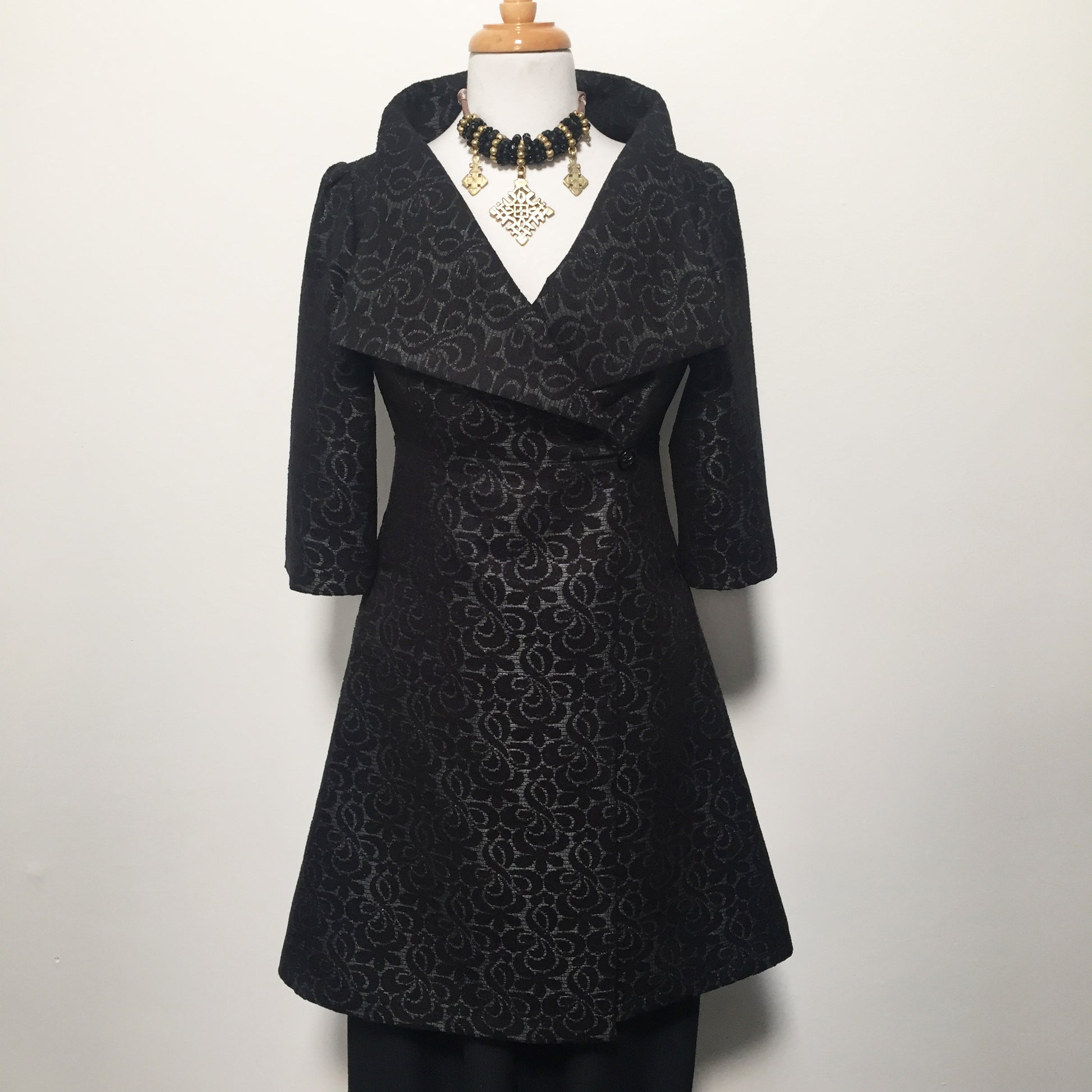 black jacquard coat dress ladies apparel stylish clothing handmade in melbourne classy elegant clothing timeless pieces timeless clothing classic style unique clothing unique style ageless style luxe fabrics statement clothing statement style evening style clothing floral jacquard jacket womens clothing made in australia eloise the label