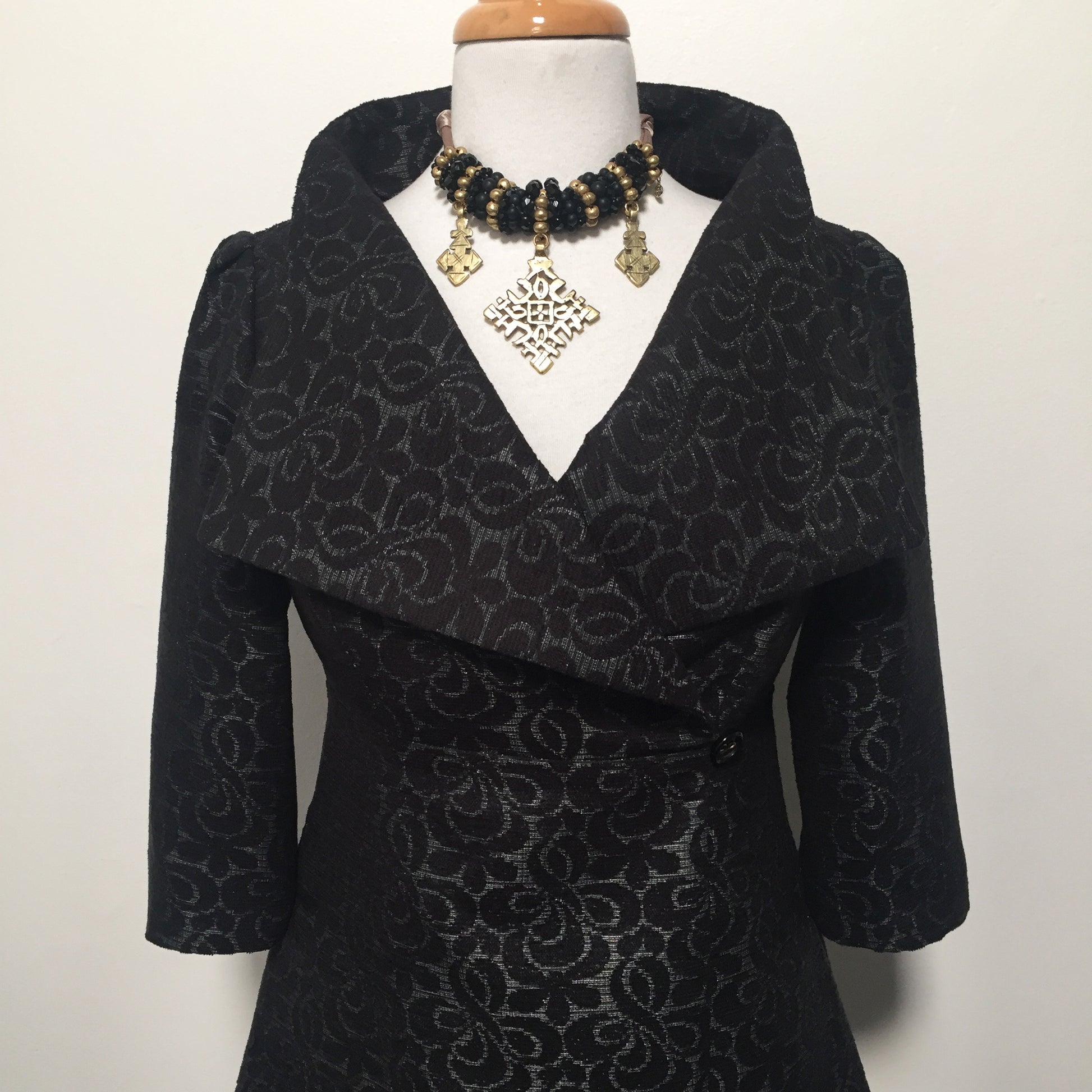 black jacquard coat dress ladies apparel stylish clothing handmade in melbourne classy elegant clothing timeless pieces timeless clothing classic style unique clothing unique style ageless style luxe fabrics statement clothing statement style evening style clothing floral jacquard jacket womens clothing made in australia eloise the label