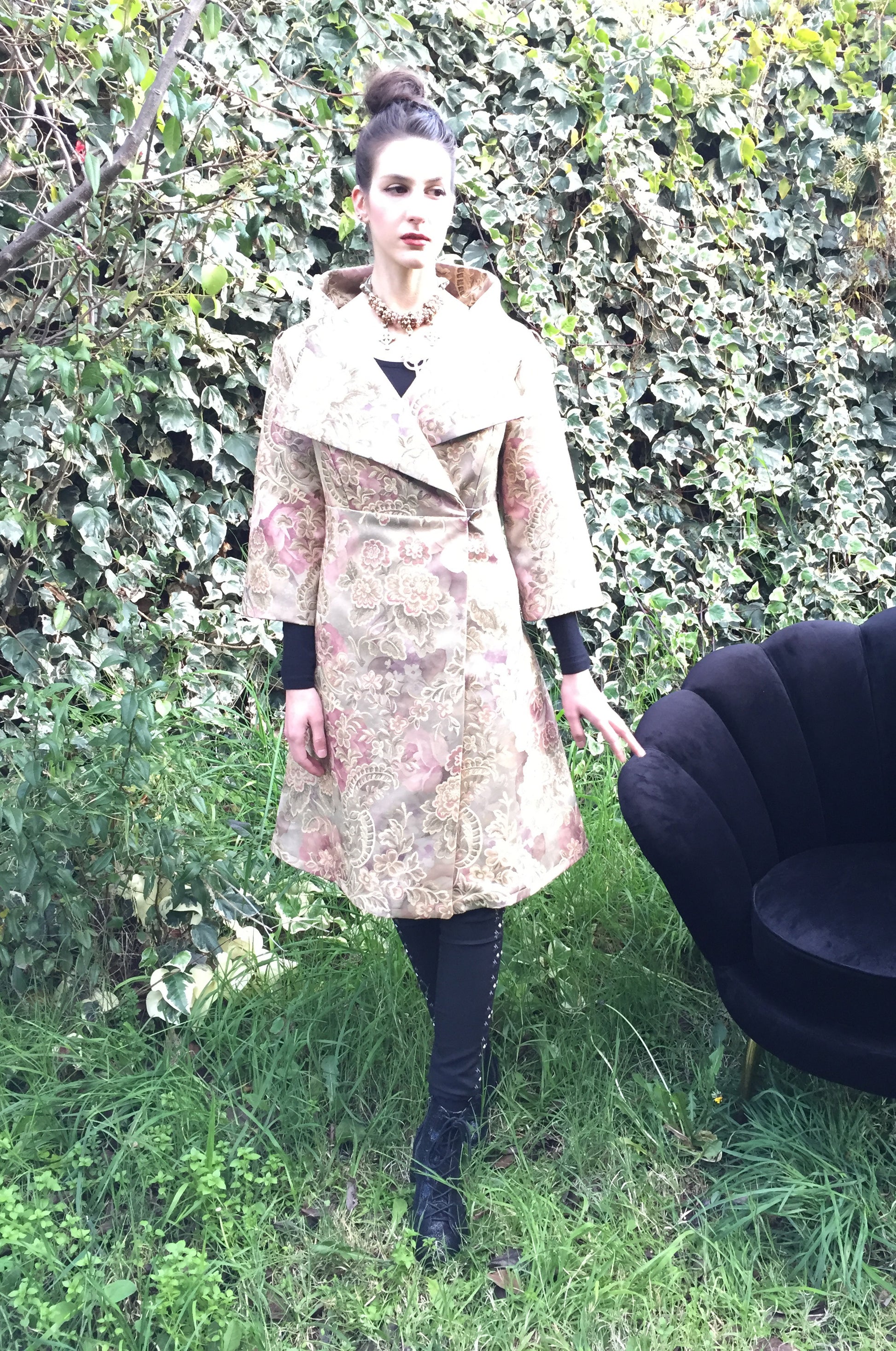 womens jacquard coat dress ladies apparel stylish clothing handmade in melbourne classy elegant clothing timeless pieces timeless clothing classic style unique clothing unique style ageless style luxe fabrics statement clothing statement style evening style clothing floral jacquard jacket womens clothing made in australia eloise the label