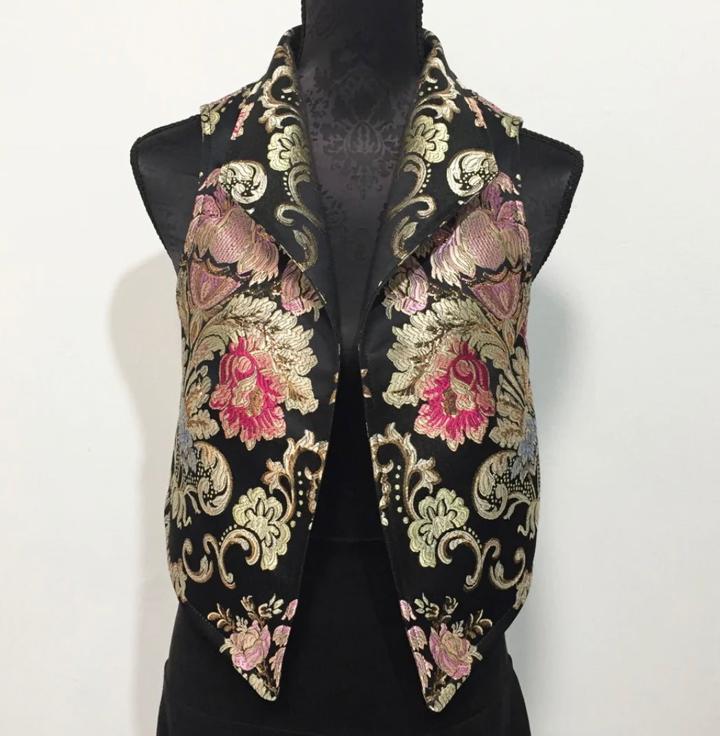 brocade vest ladies apparel stylish clothing handmade in melbourne classy elegant clothing timeless pieces timeless clothing classic style unique clothing unique style ageless style luxe fabrics statement clothing statement style evening style clothing floral vest stand up collar womens clothing made in australia eloise the label