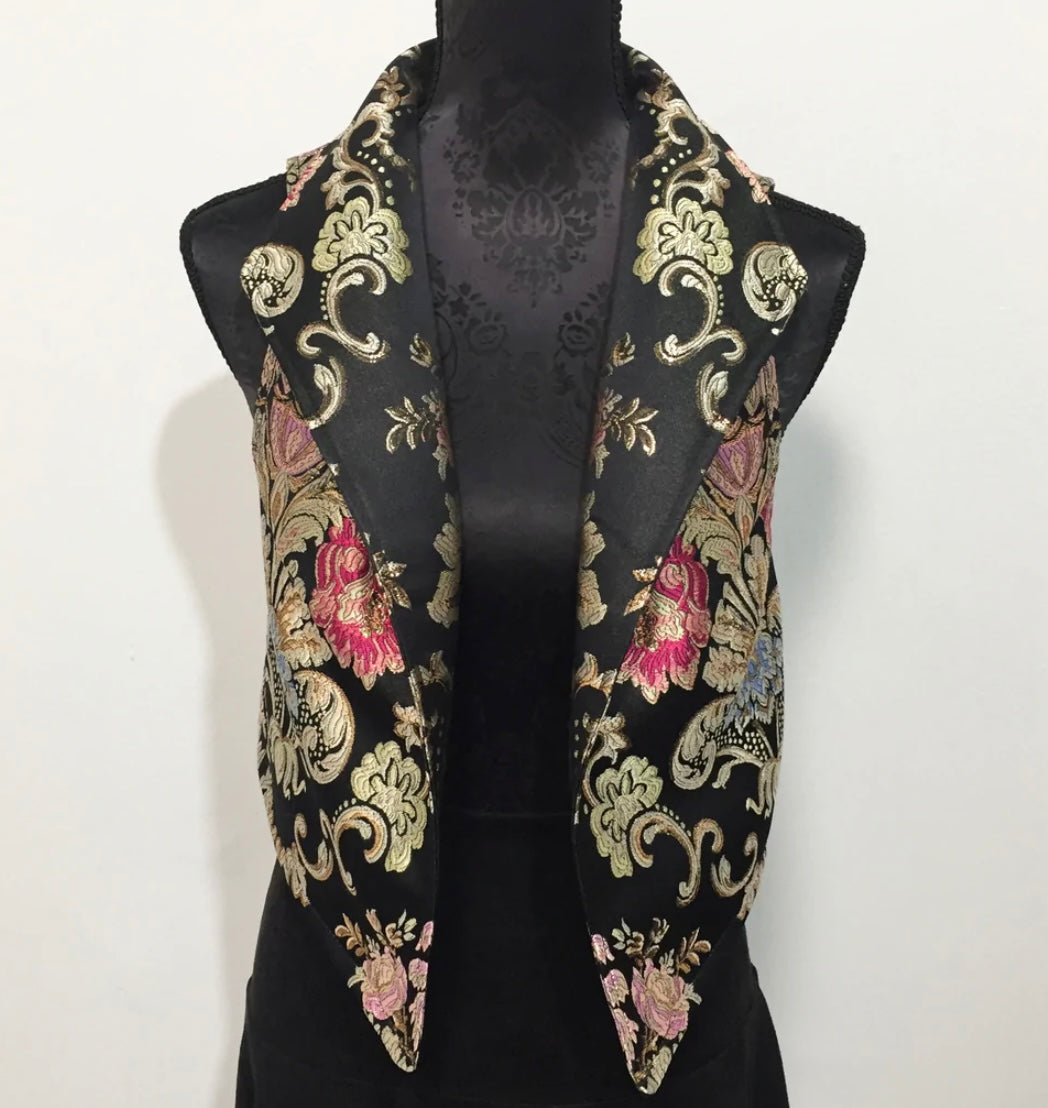 brocade vest ladies apparel stylish clothing handmade in melbourne classy elegant clothing timeless pieces timeless clothing classic style unique clothing unique style ageless style luxe fabrics statement clothing statement style evening style clothing floral vest stand up collar womens clothing made in australia eloise the label