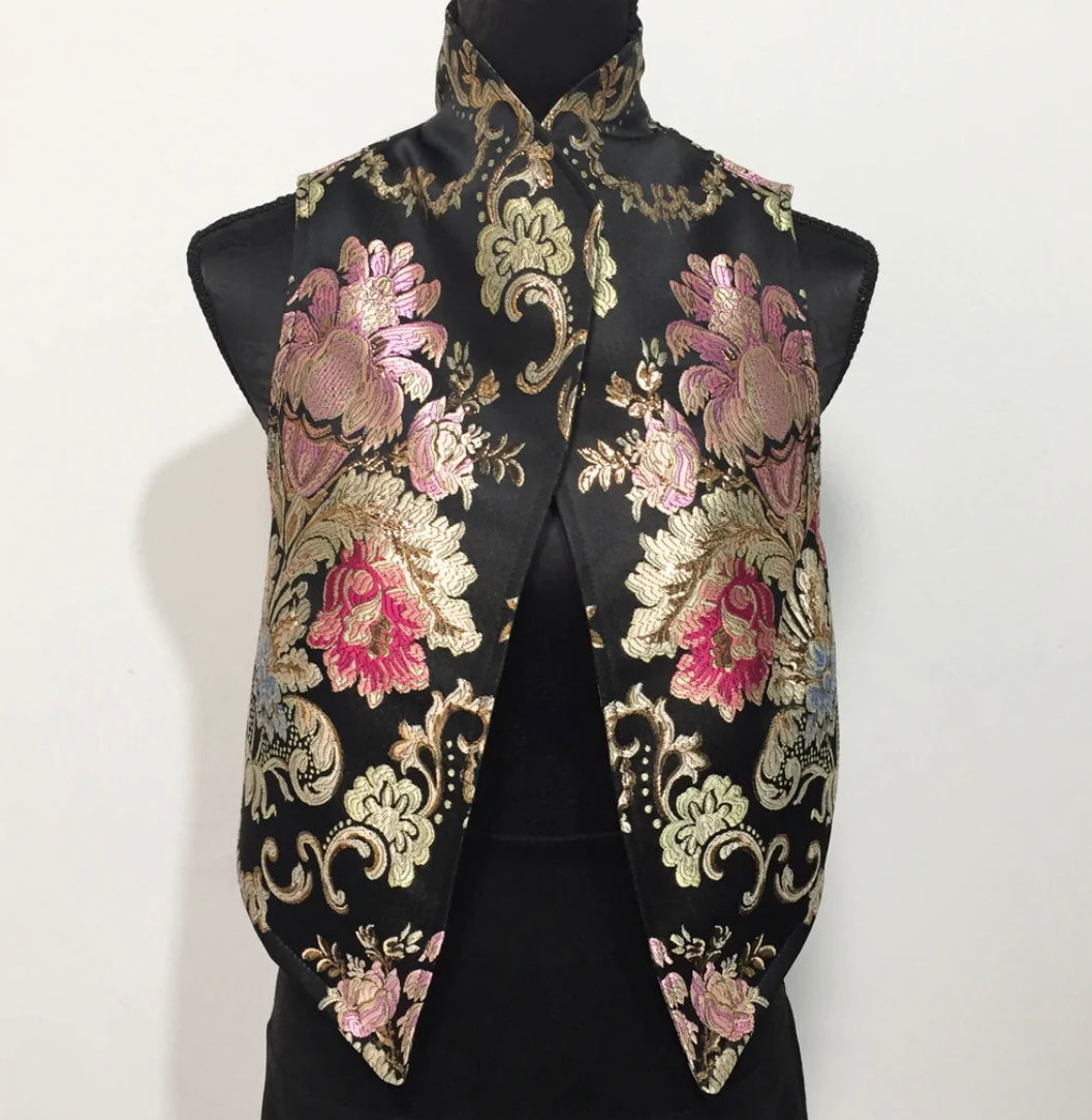 brocade vest ladies apparel stylish clothing handmade in melbourne classy elegant clothing timeless pieces timeless clothing classic style unique clothing unique style ageless style luxe fabrics statement clothing statement style evening style clothing floral vest stand up collar womens clothing made in australia eloise the label