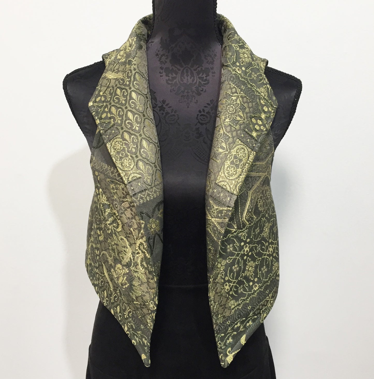 Brocade Vest in olive tapestry ladies apparel stylish clothing handmade in melbourne classy elegant clothing timeless pieces ageless style luxe fabrics australian made womens clothing unique clothing