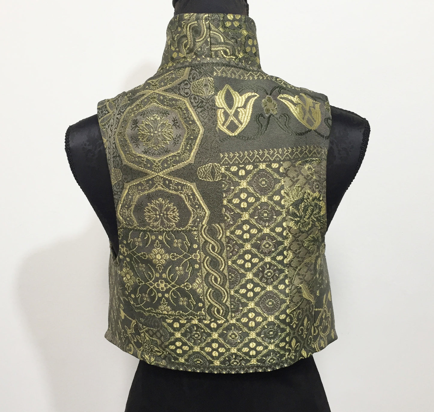 Brocade Vest in olive tapestry ladies apparel stylish clothing handmade in melbourne classy elegant clothing timeless pieces ageless style luxe fabrics australian made womens clothing unique clothing
