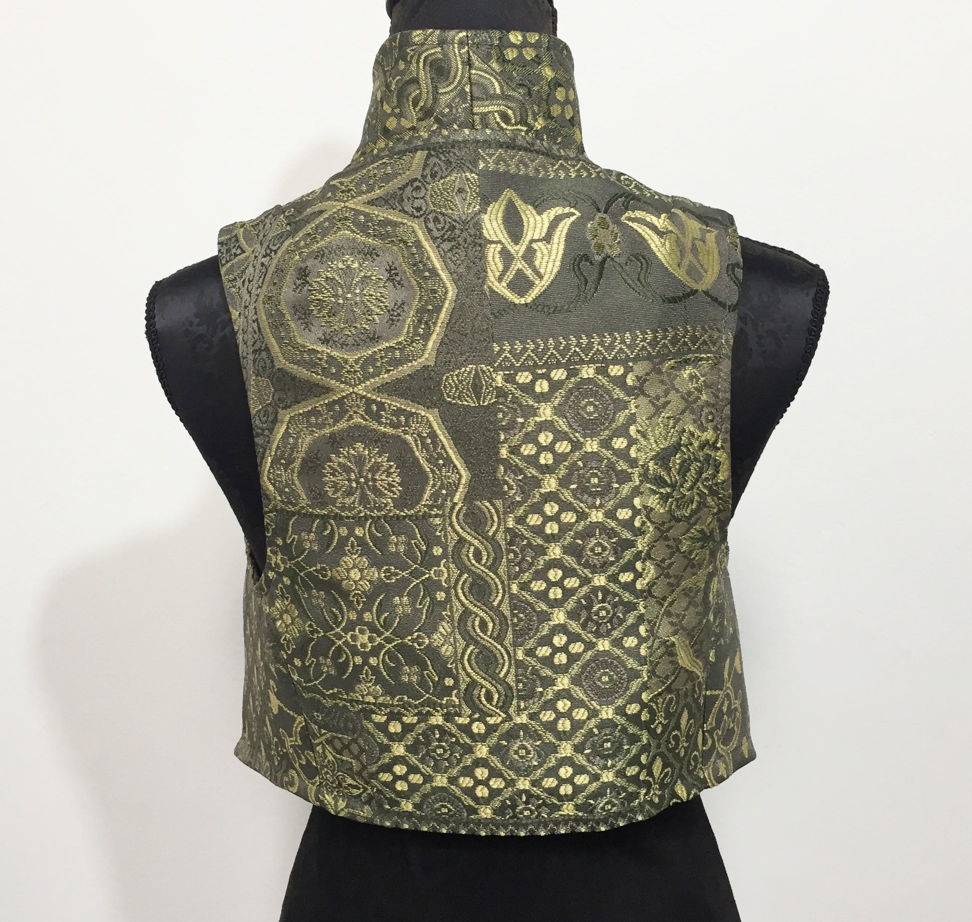 Brocade Vest in olive tapestry ladies apparel stylish clothing handmade in melbourne classy elegant clothing timeless pieces ageless style luxe fabrics australian made womens clothing unique clothing