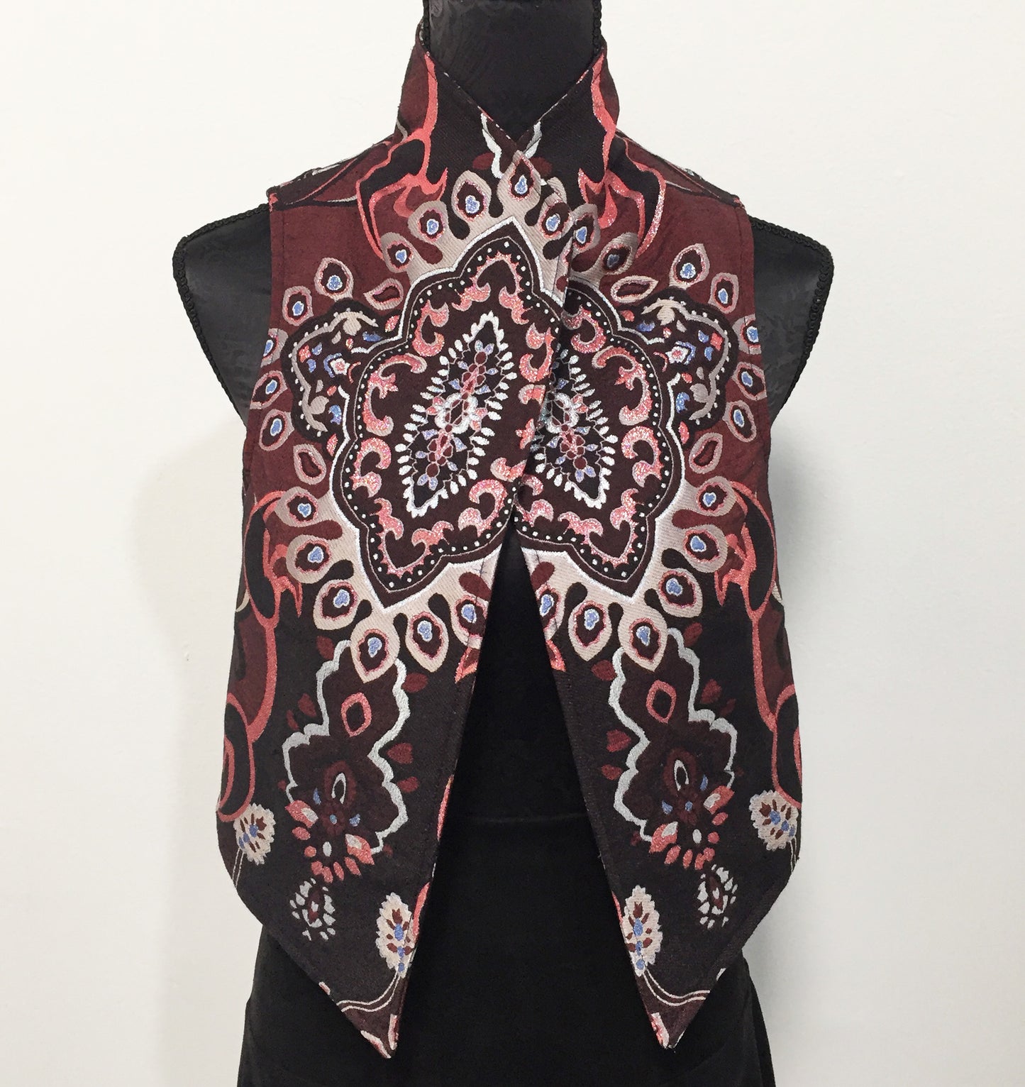 brocade vest ladies apparel stylish clothing handmade in melbourne classy elegant clothing timeless pieces timeless clothing classic style unique clothing unique style ageless style luxe fabrics statement clothing statement style evening style clothing floral vest stand up collar womens clothing made in australia eloise the label