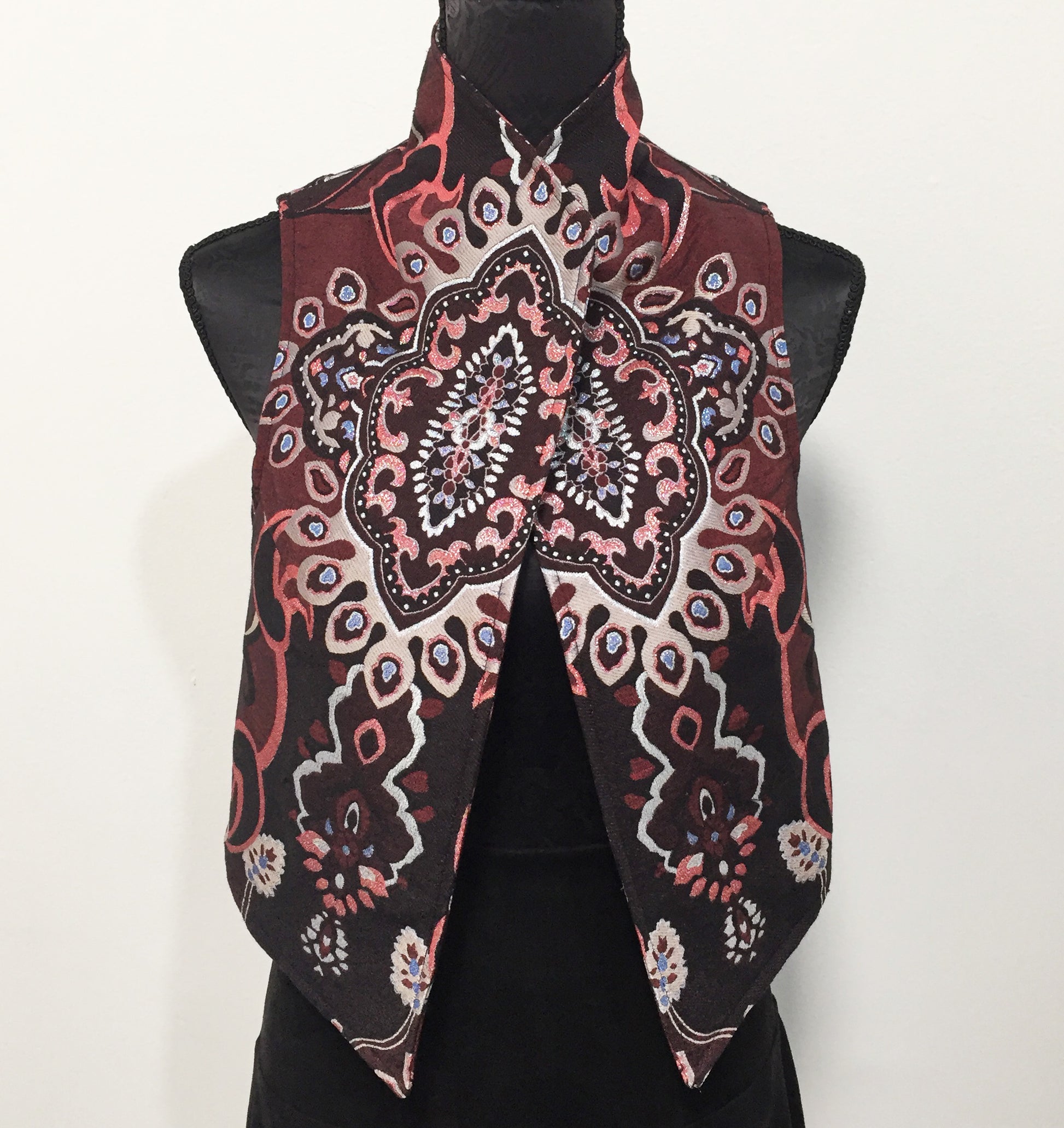 brocade vest ladies apparel stylish clothing handmade in melbourne classy elegant clothing timeless pieces timeless clothing classic style unique clothing unique style ageless style luxe fabrics statement clothing statement style evening style clothing floral vest stand up collar womens clothing made in australia eloise the label