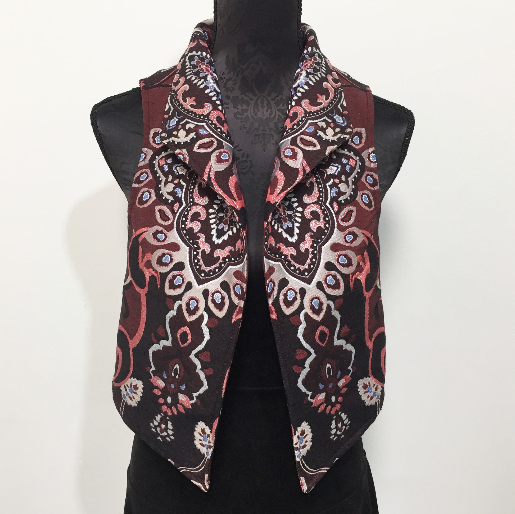 brocade vest ladies apparel stylish clothing handmade in melbourne classy elegant clothing timeless pieces timeless clothing classic style unique clothing unique style ageless style luxe fabrics statement clothing statement style evening style clothing floral vest stand up collar womens clothing made in australia eloise the label