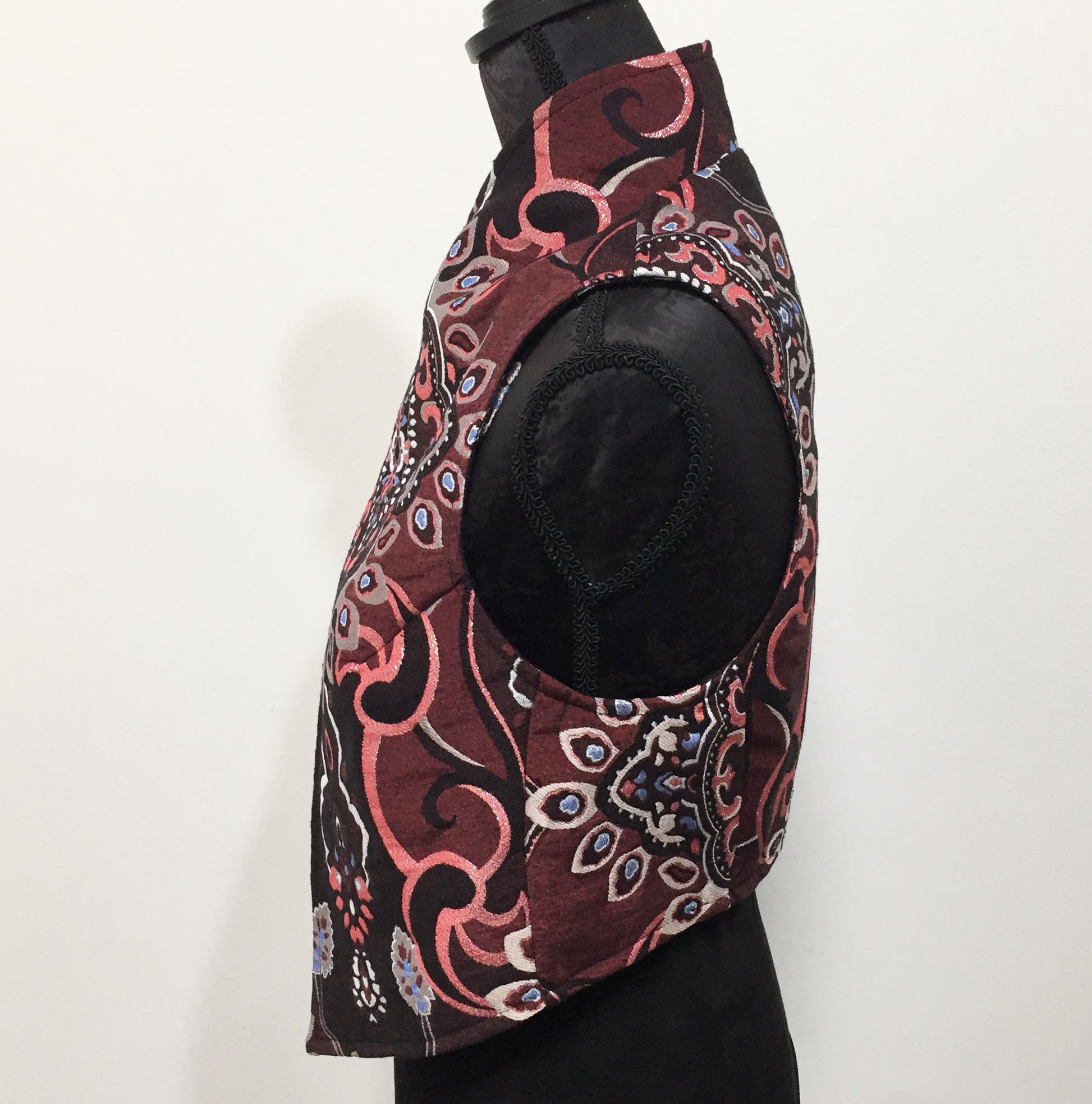 brocade vest ladies apparel stylish clothing handmade in melbourne classy elegant clothing timeless pieces timeless clothing classic style unique clothing unique style ageless style luxe fabrics statement clothing statement style evening style clothing floral vest stand up collar womens clothing made in australia eloise the label