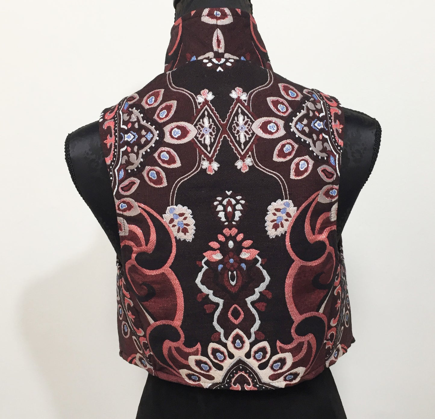 brocade vest ladies apparel stylish clothing handmade in melbourne classy elegant clothing timeless pieces timeless clothing classic style unique clothing unique style ageless style luxe fabrics statement clothing statement style evening style clothing floral vest stand up collar womens clothing made in australia eloise the label
