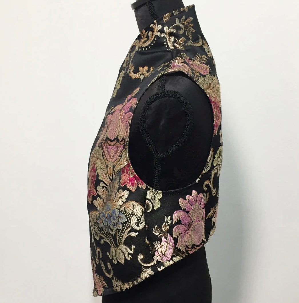 brocade vest ladies apparel stylish clothing handmade in melbourne classy elegant clothing timeless pieces timeless clothing classic style unique clothing unique style ageless style luxe fabrics statement clothing statement style evening style clothing floral vest stand up collar womens clothing made in australia eloise the label