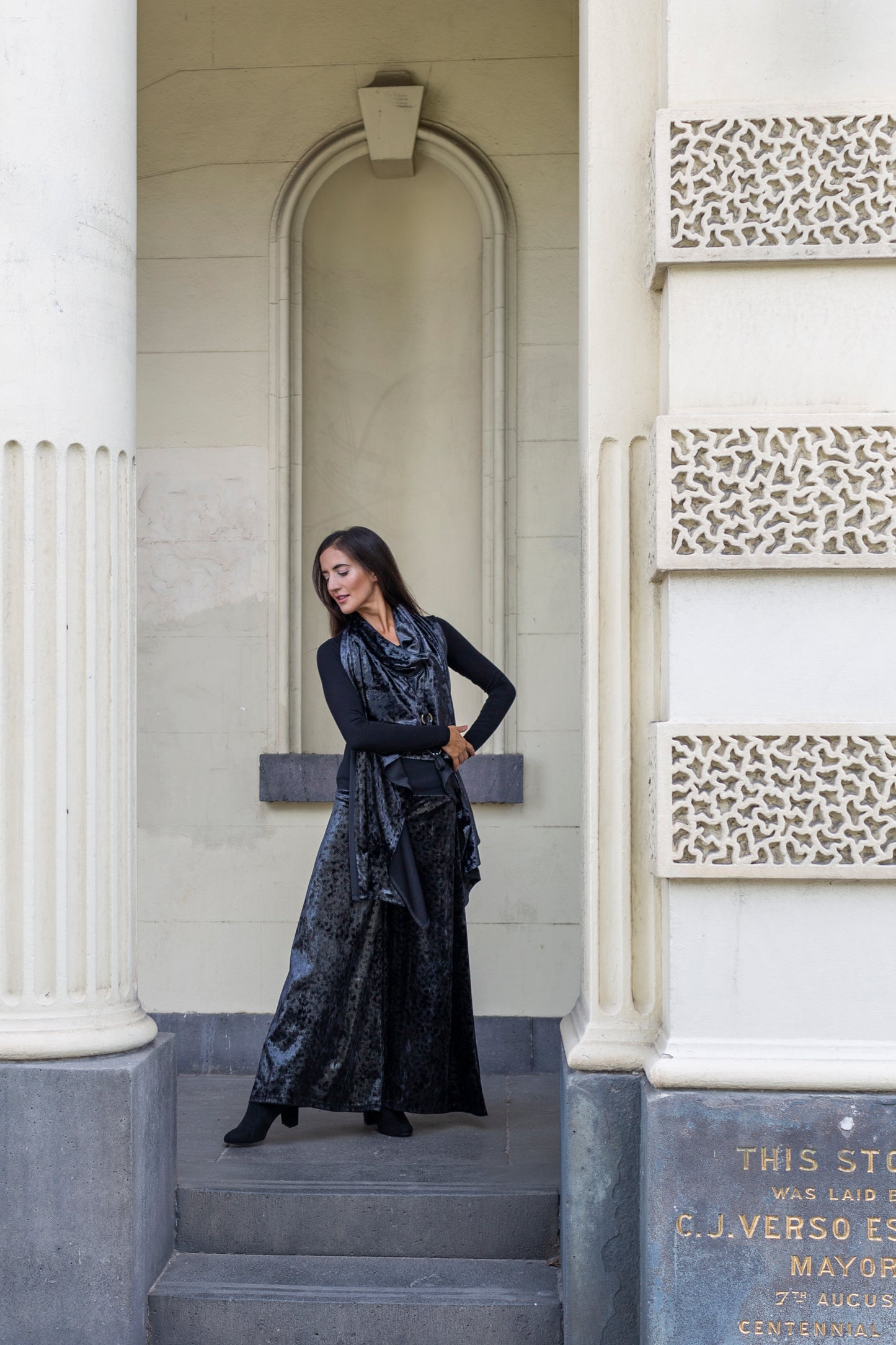 palazzo pant flare pant black velvet pants ladies apparel high waisted pant stylish clothing handmade in melbourne classy elegant clothing timeless pieces timeless clothing classic style unique clothing unique style ageless style luxe fabrics statement clothing statement style evening style clothing womens clothing made in australia eloise the label