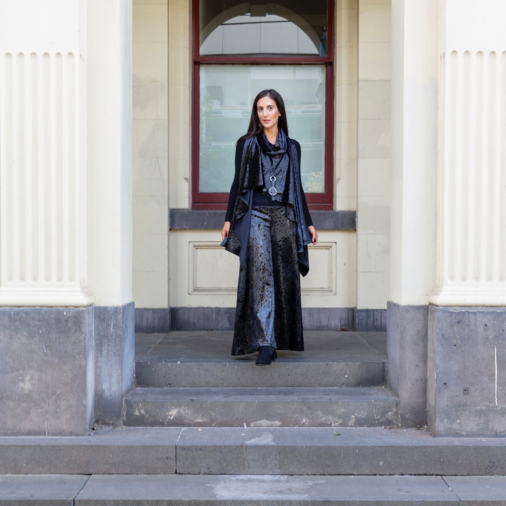 palazzo pant flare pant black velvet pants ladies apparel high waisted pant stylish clothing handmade in melbourne classy elegant clothing timeless pieces timeless clothing classic style unique clothing unique style ageless style luxe fabrics statement clothing statement style evening style clothing womens clothing made in australia eloise the label