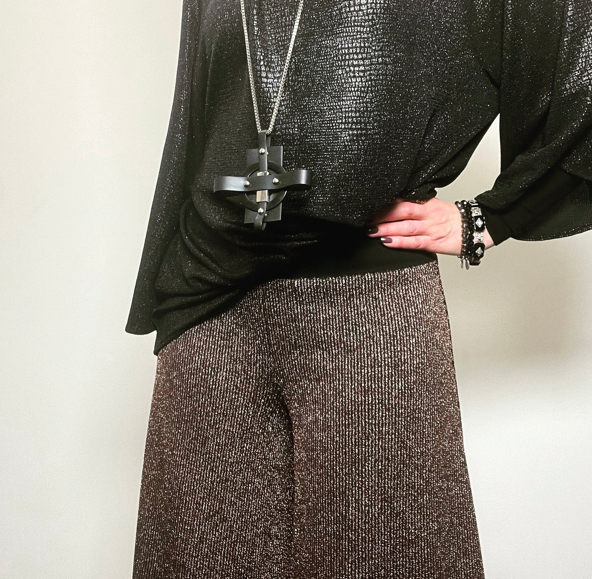 palazzo pant flare pant bronze lurex pants ladies apparel high waisted pant stylish clothing handmade in melbourne classy elegant clothing timeless pieces timeless clothing classic style unique clothing unique style ageless style luxe fabrics statement clothing statement style evening style clothing womens clothing made in australia eloise the label