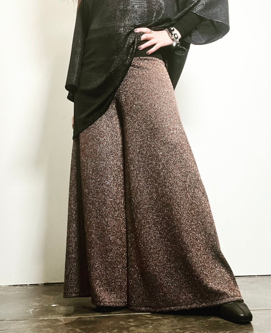 palazzo pant flare pant bronze lurex pants ladies apparel high waisted pant stylish clothing handmade in melbourne classy elegant clothing timeless pieces timeless clothing classic style unique clothing unique style ageless style luxe fabrics statement clothing statement style evening style clothing womens clothing made in australia eloise the label