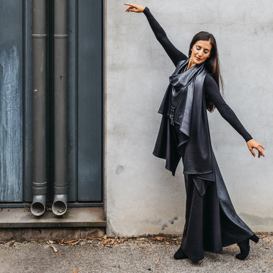 palazzo pant flare pant black faux leather pants ladies apparel high waisted pant stylish clothing handmade in melbourne classy elegant clothing timeless pieces timeless clothing classic style unique clothing unique style ageless style luxe fabrics statement clothing statement style evening style clothing womens clothing made in australia eloise the label