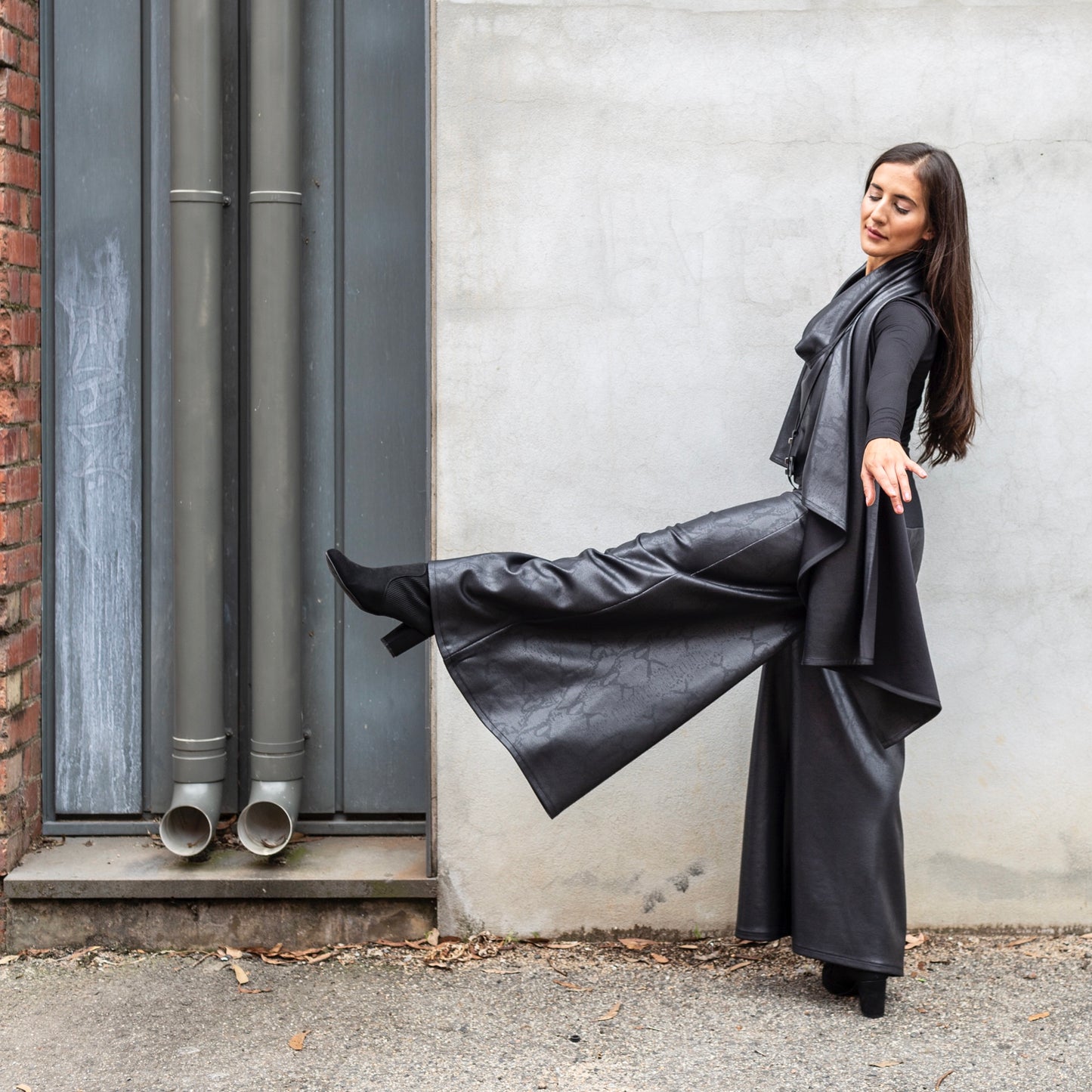 palazzo pant flare pant black faux leather pants ladies apparel high waisted pant stylish clothing handmade in melbourne classy elegant clothing timeless pieces timeless clothing classic style unique clothing unique style ageless style luxe fabrics statement clothing statement style evening style clothing womens clothing made in australia eloise the label
