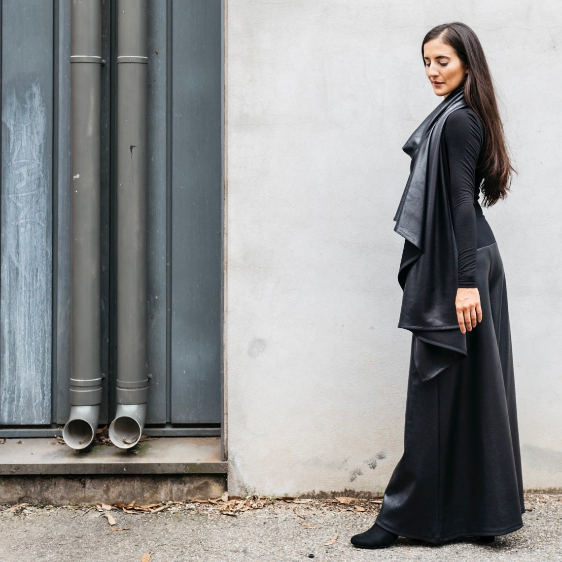 palazzo pant flare pant black faux leather pants ladies apparel high waisted pant stylish clothing handmade in melbourne classy elegant clothing timeless pieces timeless clothing classic style unique clothing unique style ageless style luxe fabrics statement clothing statement style evening style clothing womens clothing made in australia eloise the label