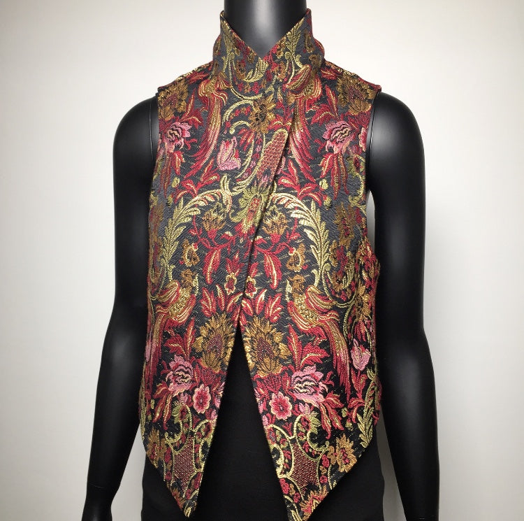 womens vest ladies apparel stylish clothing tapestry vest handmade in melbourne classy elegant clothing timeless pieces timeless clothing classic style unique clothing unique style ageless style luxe fabrics statement clothing statement style evening style clothing stand up collar womens clothing made in australia eloise the label