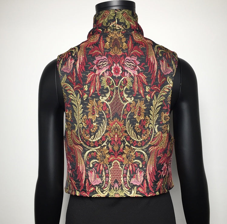 womens vest ladies apparel stylish clothing tapestry vest handmade in melbourne classy elegant clothing timeless pieces timeless clothing classic style unique clothing unique style ageless style luxe fabrics statement clothing statement style evening style clothing stand up collar womens clothing made in australia eloise the label