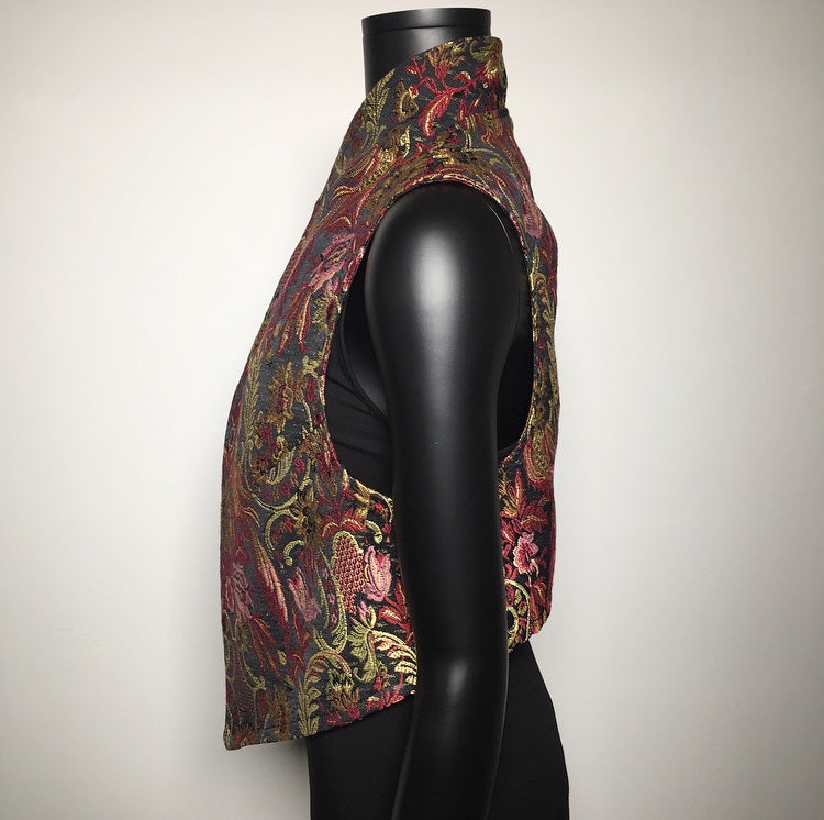 womens vest ladies apparel stylish clothing tapestry vest handmade in melbourne classy elegant clothing timeless pieces timeless clothing classic style unique clothing unique style ageless style luxe fabrics statement clothing statement style evening style clothing stand up collar womens clothing made in australia eloise the label