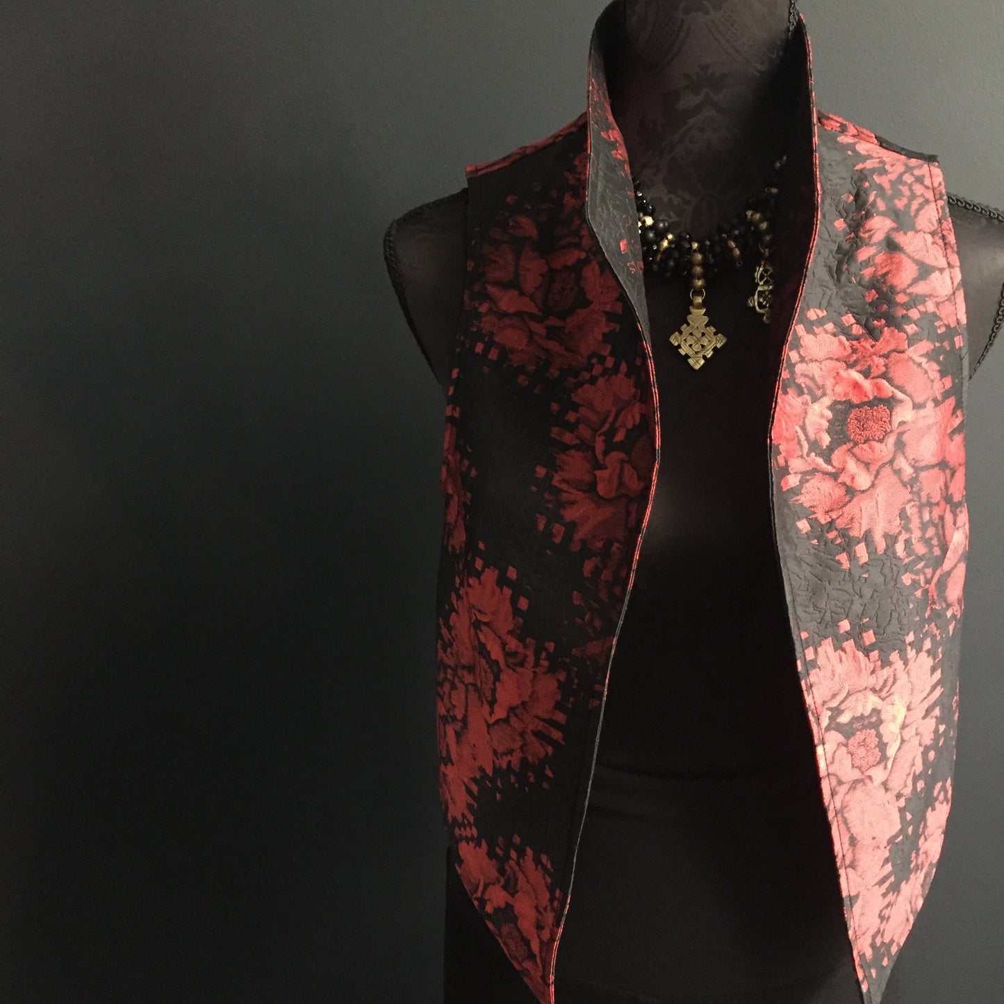 womens vest ladies apparel stylish clothing handmade in melbourne classy elegant clothing timeless pieces timeless clothing classic style unique clothing unique style ageless style luxe fabrics statement clothing statement style evening style clothing red floral vest stand up collar womens clothing made in australia eloise the label
