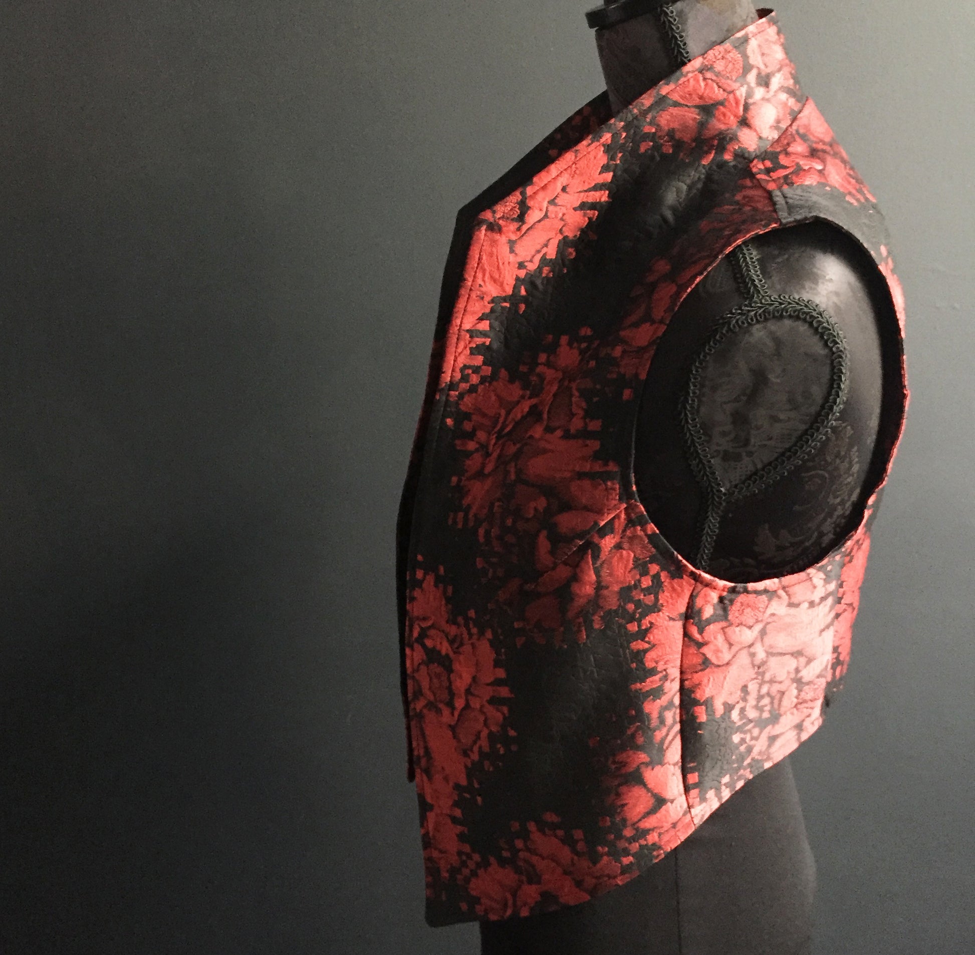 womens vest ladies apparel stylish clothing handmade in melbourne classy elegant clothing timeless pieces timeless clothing classic style unique clothing unique style ageless style luxe fabrics statement clothing statement style evening style clothing red floral vest stand up collar womens clothing made in australia eloise the label