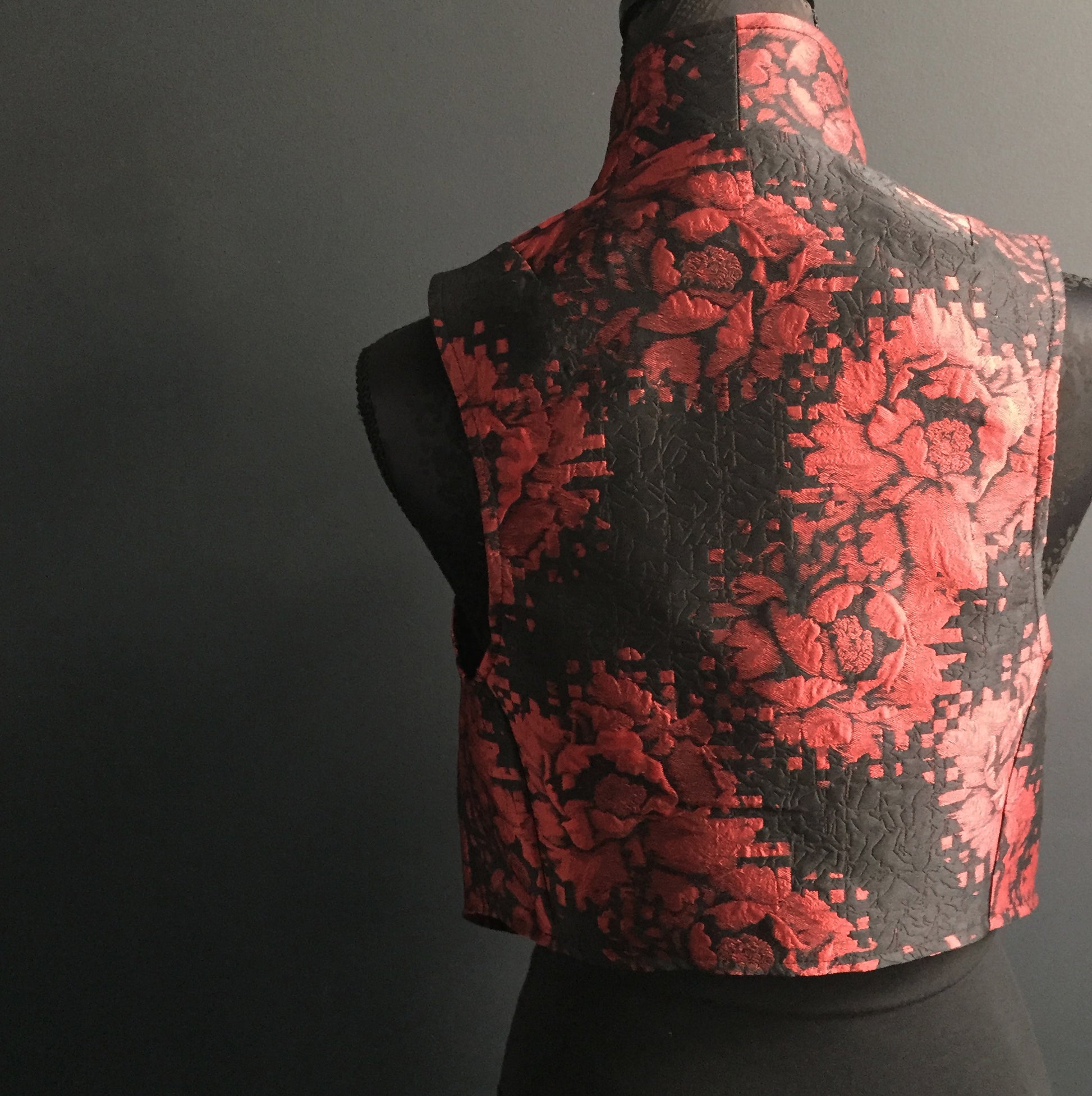 womens vest ladies apparel stylish clothing handmade in melbourne classy elegant clothing timeless pieces timeless clothing classic style unique clothing unique style ageless style luxe fabrics statement clothing statement style evening style clothing red floral vest stand up collar womens clothing made in australia eloise the label