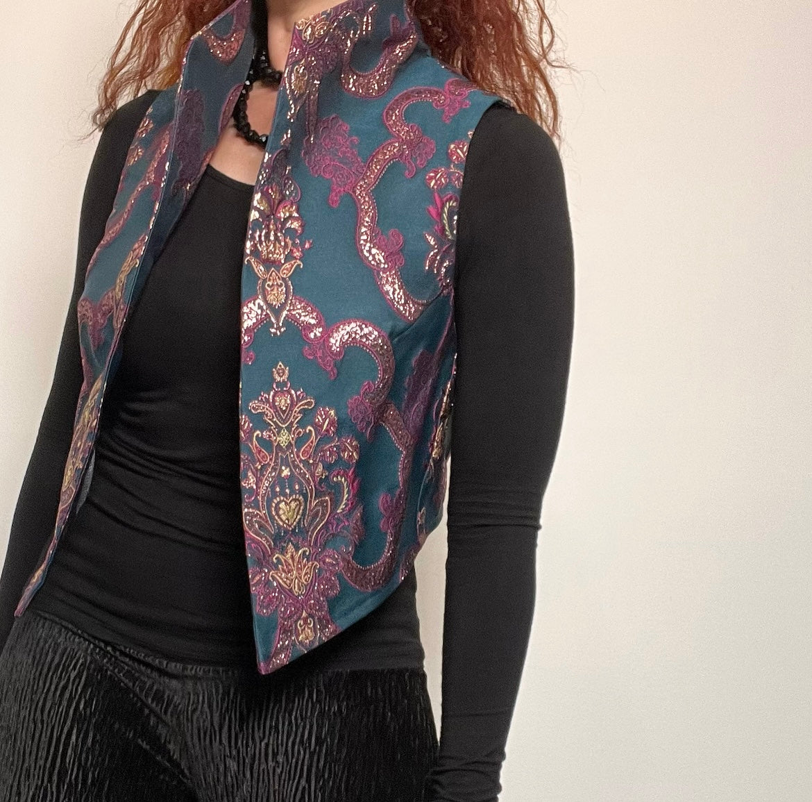 brocade vest ladies apparel stylish clothing handmade in melbourne classy elegant clothing timeless pieces timeless clothing classic style unique clothing unique style ageless style luxe fabrics statement clothing statement style evening style clothing floral vest stand up collar womens clothing made in australia eloise the label