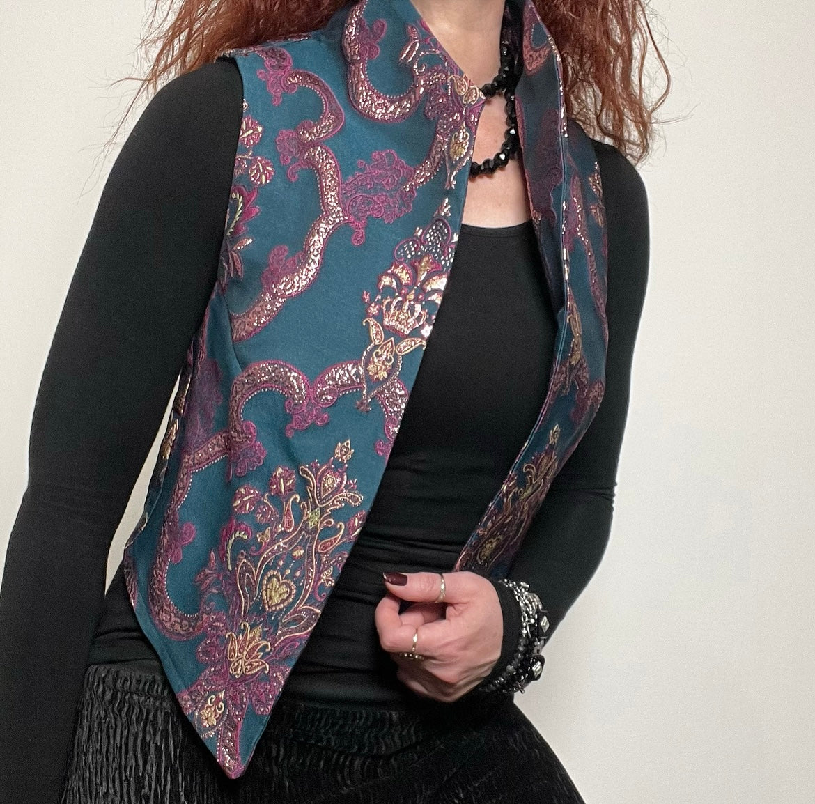 brocade vest ladies apparel stylish clothing handmade in melbourne classy elegant clothing timeless pieces timeless clothing classic style unique clothing unique style ageless style luxe fabrics statement clothing statement style evening style clothing floral vest stand up collar womens clothing made in australia eloise the label