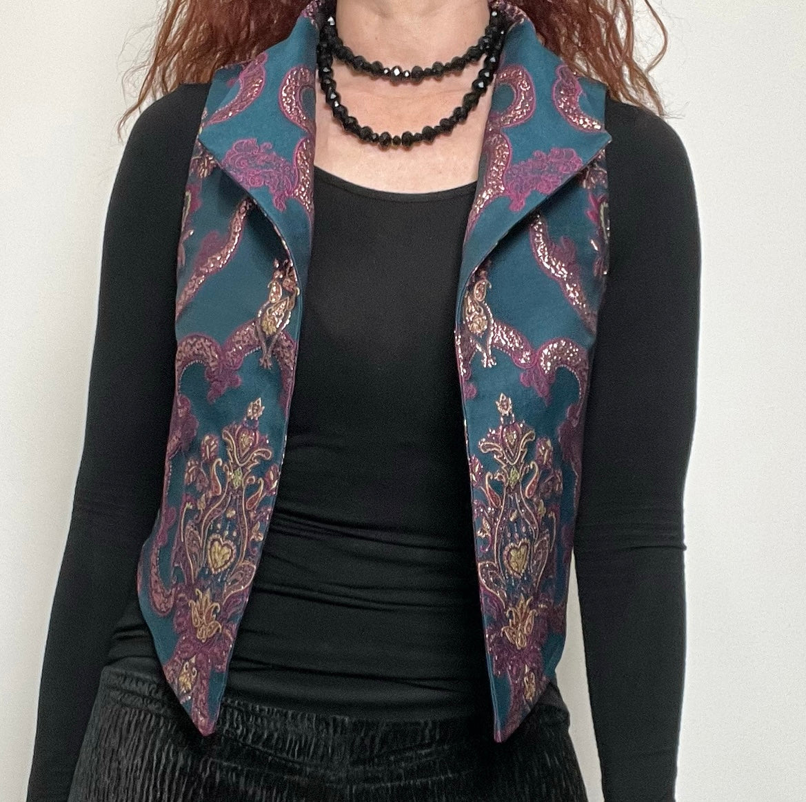 brocade vest ladies apparel stylish clothing handmade in melbourne classy elegant clothing timeless pieces timeless clothing classic style unique clothing unique style ageless style luxe fabrics statement clothing statement style evening style clothing floral vest stand up collar womens clothing made in australia eloise the label