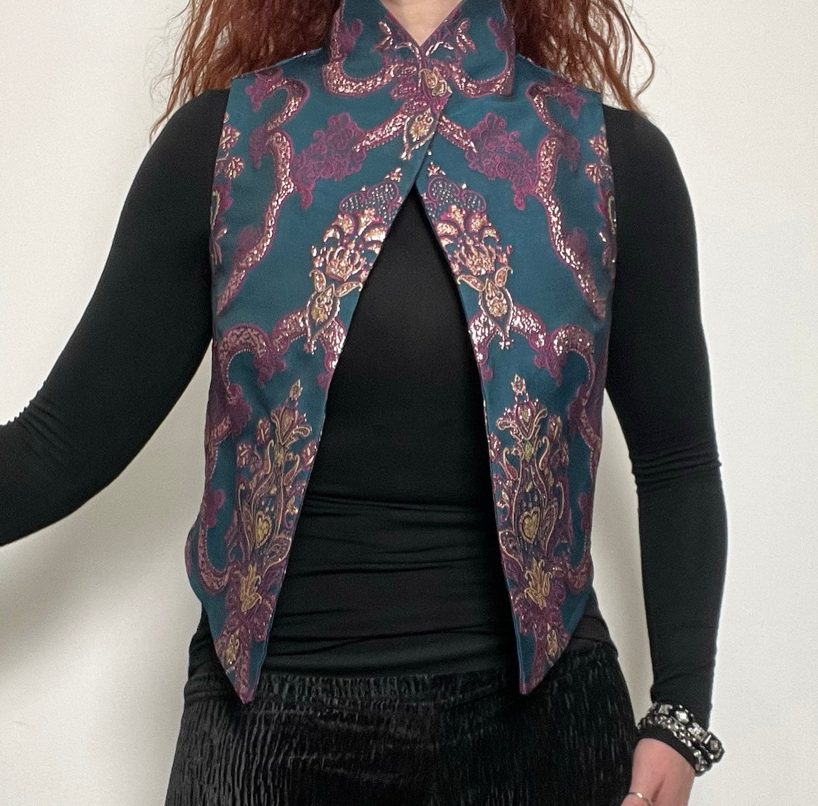 brocade vest ladies apparel stylish clothing handmade in melbourne classy elegant clothing timeless pieces timeless clothing classic style unique clothing unique style ageless style luxe fabrics statement clothing statement style evening style clothing floral vest stand up collar womens clothing made in australia eloise the label