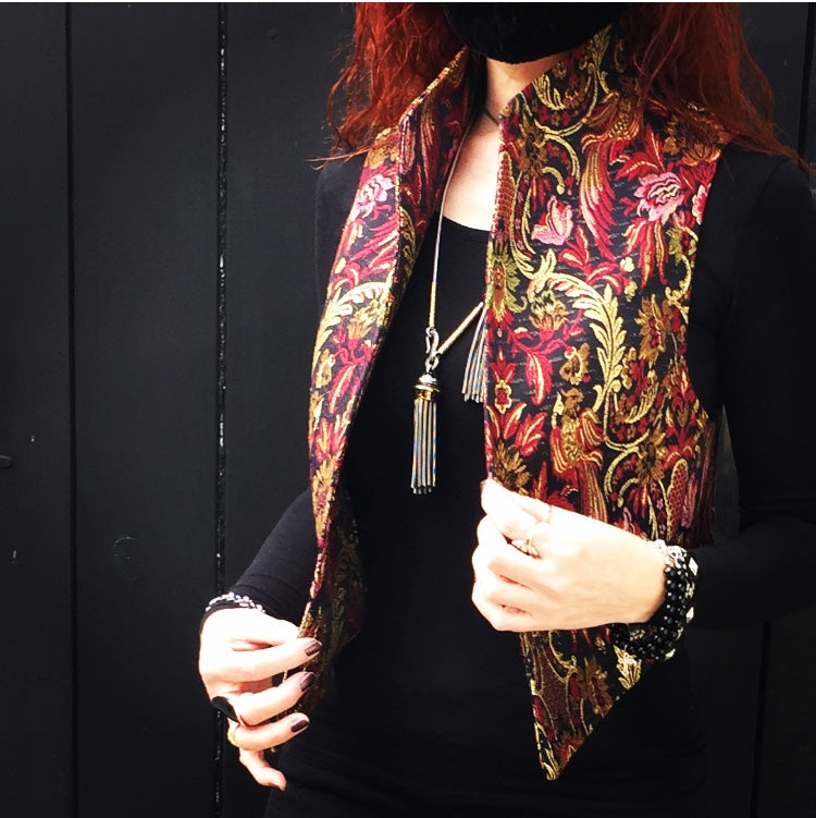 womens vest ladies apparel stylish clothing tapestry vest handmade in melbourne classy elegant clothing timeless pieces timeless clothing classic style unique clothing unique style ageless style luxe fabrics statement clothing statement style evening style clothing stand up collar womens clothing made in australia eloise the label