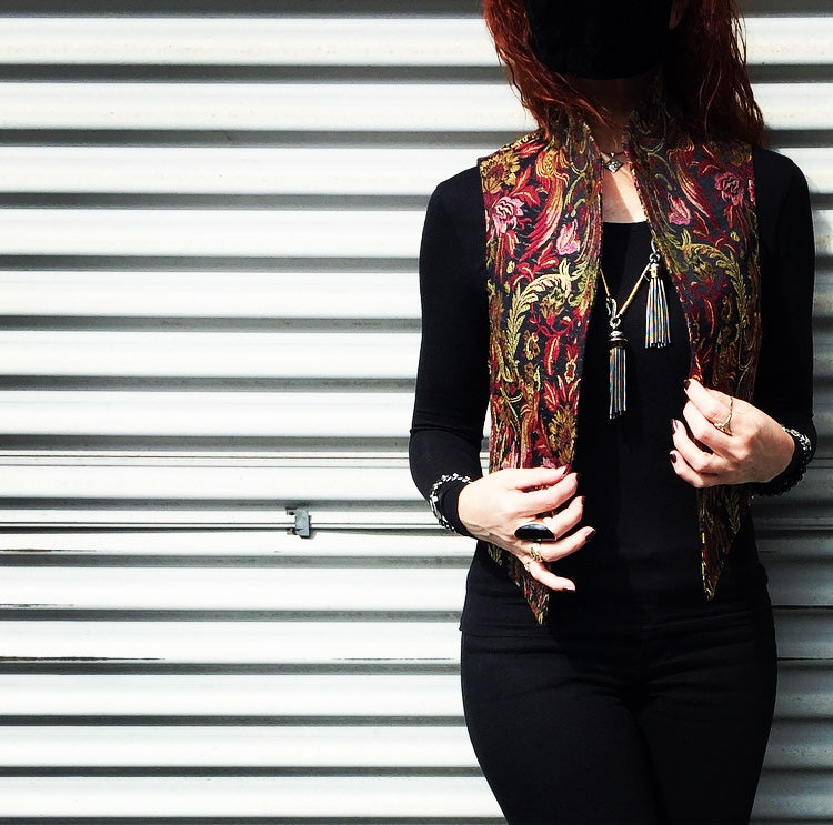 womens vest ladies apparel stylish clothing tapestry vest handmade in melbourne classy elegant clothing timeless pieces timeless clothing classic style unique clothing unique style ageless style luxe fabrics statement clothing statement style evening style clothing stand up collar womens clothing made in australia eloise the label
