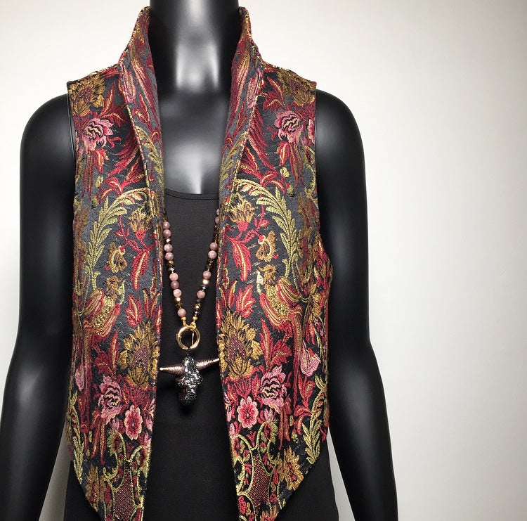 womens vest ladies apparel stylish clothing tapestry vest handmade in melbourne classy elegant clothing timeless pieces timeless clothing classic style unique clothing unique style ageless style luxe fabrics statement clothing statement style evening style clothing stand up collar womens clothing made in australia eloise the label