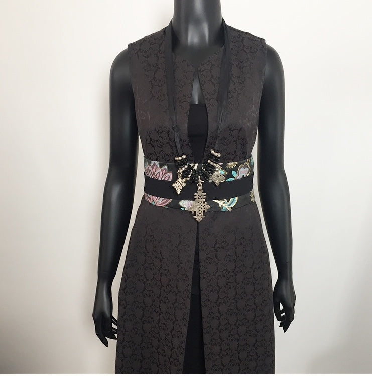 black jacquard vest ladies apparel stylish clothing handmade in melbourne classy elegant clothing timeless pieces timeless clothing classic style unique clothing unique style ageless style luxe fabrics statement clothing statement style evening style clothing floral vest womens clothing made in australia eloise the label