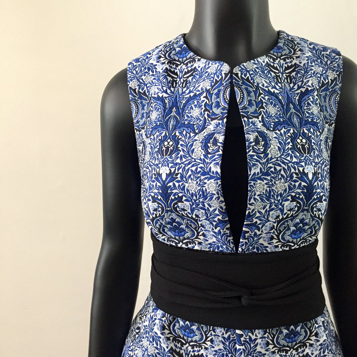 blue jacquard vest ladies apparel stylish clothing handmade in melbourne classy elegant clothing timeless pieces timeless clothing classic style unique clothing unique style ageless style luxe fabrics statement clothing statement style evening style clothing floral vest womens clothing made in australia eloise the label