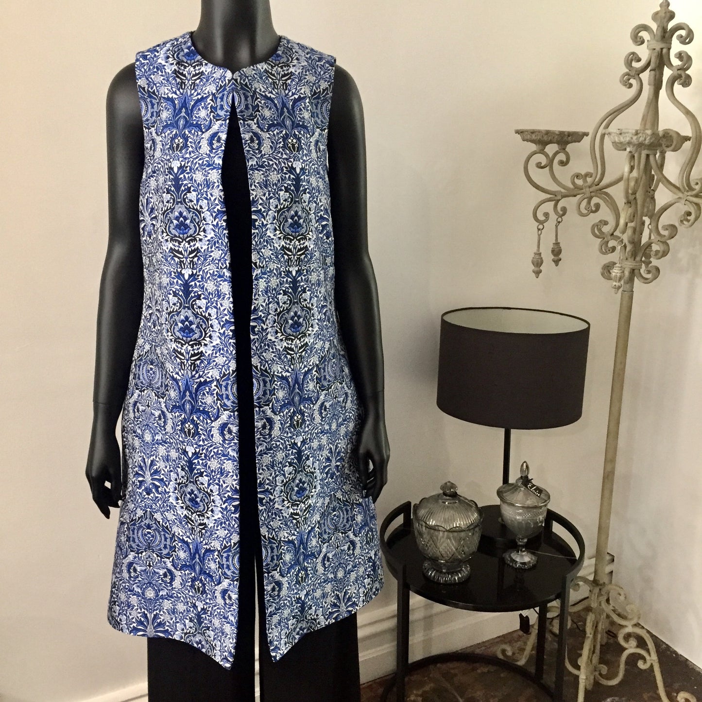 blue jacquard vest ladies apparel stylish clothing handmade in melbourne classy elegant clothing timeless pieces timeless clothing classic style unique clothing unique style ageless style luxe fabrics statement clothing statement style evening style clothing floral vest womens clothing made in australia eloise the label