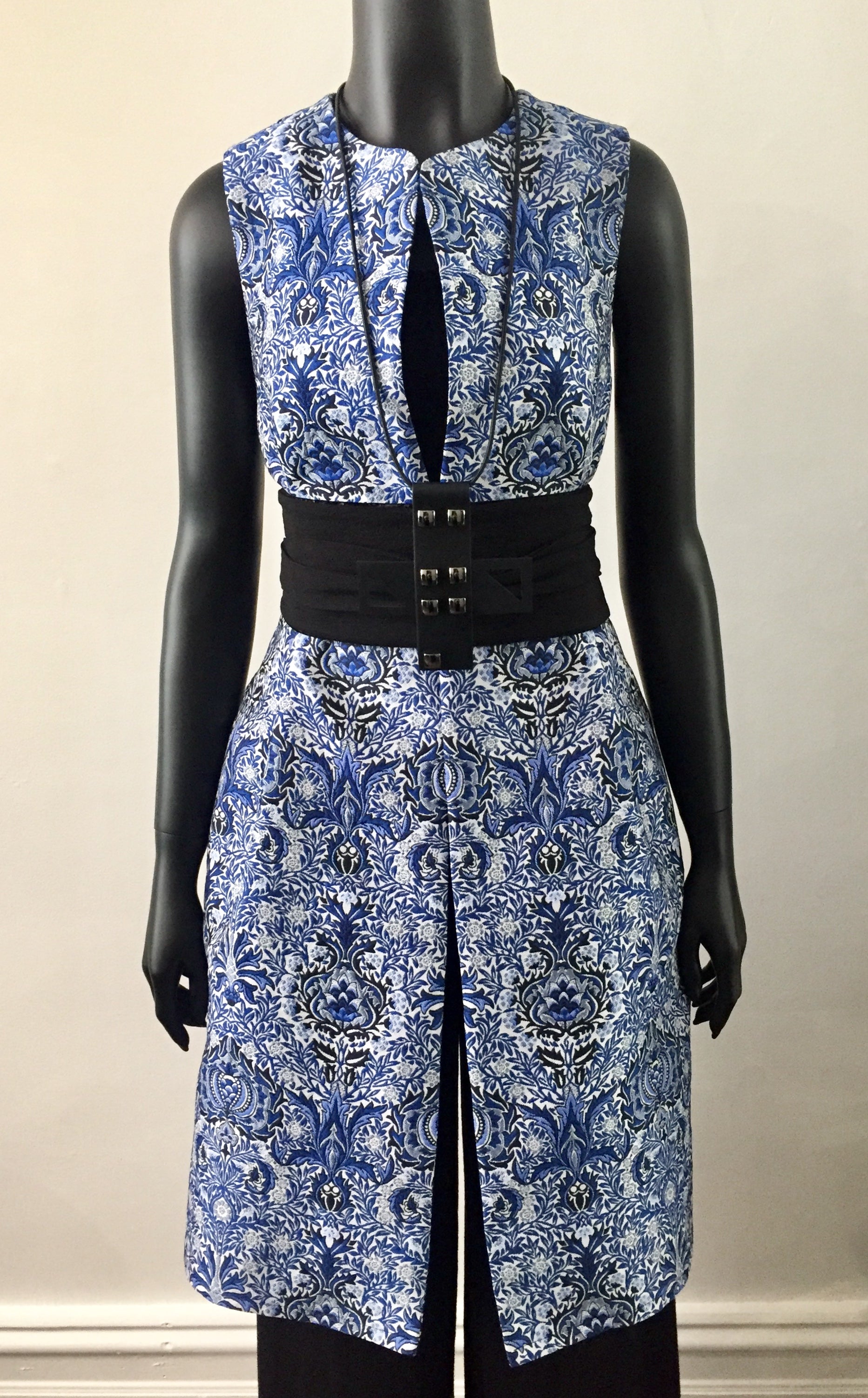 blue jacquard vest ladies apparel stylish clothing handmade in melbourne classy elegant clothing timeless pieces timeless clothing classic style unique clothing unique style ageless style luxe fabrics statement clothing statement style evening style clothing floral vest womens clothing made in australia eloise the label