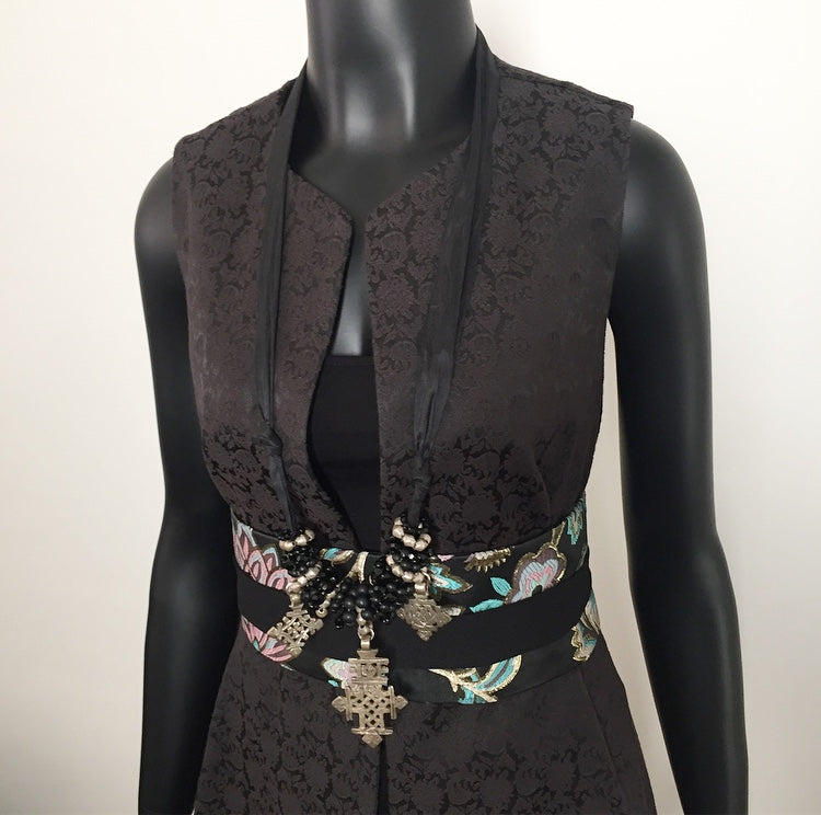 black jacquard vest ladies apparel stylish clothing handmade in melbourne classy elegant clothing timeless pieces timeless clothing classic style unique clothing unique style ageless style luxe fabrics statement clothing statement style evening style clothing floral vest womens clothing made in australia eloise the label