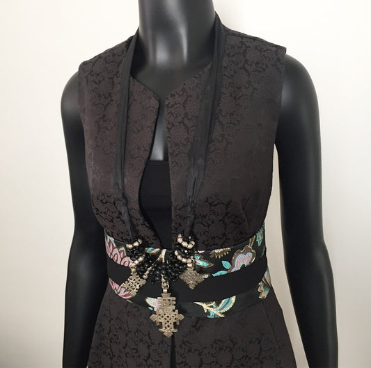 black jacquard vest ladies apparel stylish clothing handmade in melbourne classy elegant clothing timeless pieces timeless clothing classic style unique clothing unique style ageless style luxe fabrics statement clothing statement style evening style clothing floral vest womens clothing made in australia eloise the label