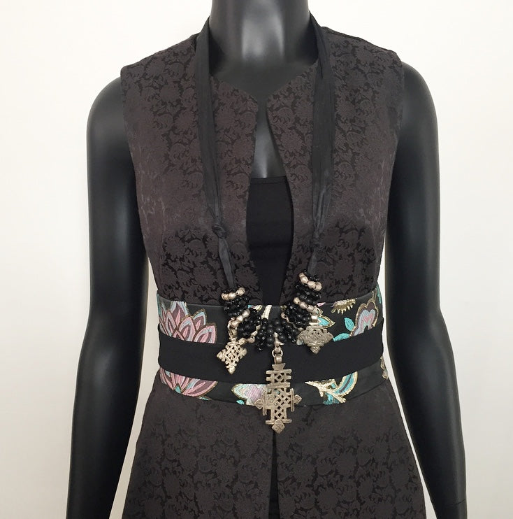 black jacquard vest ladies apparel stylish clothing handmade in melbourne classy elegant clothing timeless pieces timeless clothing classic style unique clothing unique style ageless style luxe fabrics statement clothing statement style evening style clothing floral vest womens clothing made in australia eloise the label