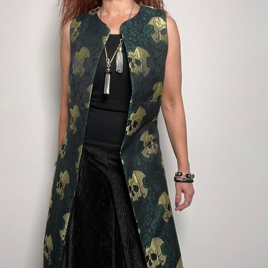 skulls and roses jacquard vest one of a kind ladies apparel stylish clothing handmade in melbourne classy elegant clothing timeless pieces timeless clothing classic style unique clothing unique style ageless style luxe fabrics statement clothing statement style evening style clothing floral vest womens clothing made in australia eloise the label