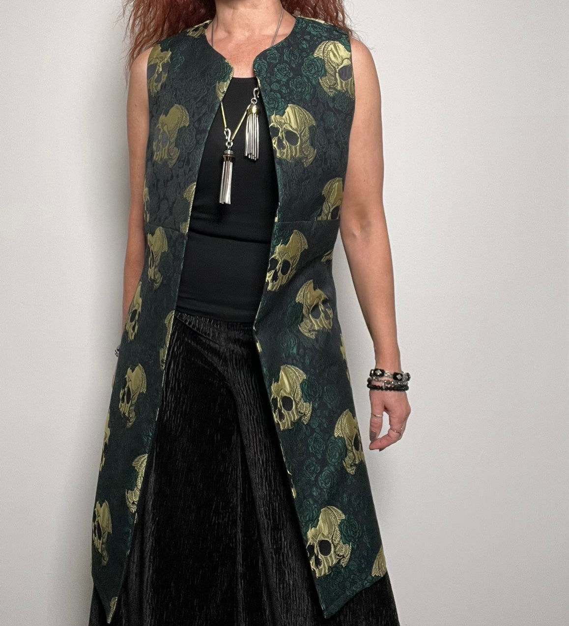 skulls and roses jacquard vest one of a kind ladies apparel stylish clothing handmade in melbourne classy elegant clothing timeless pieces timeless clothing classic style unique clothing unique style ageless style luxe fabrics statement clothing statement style evening style clothing floral vest womens clothing made in australia eloise the label