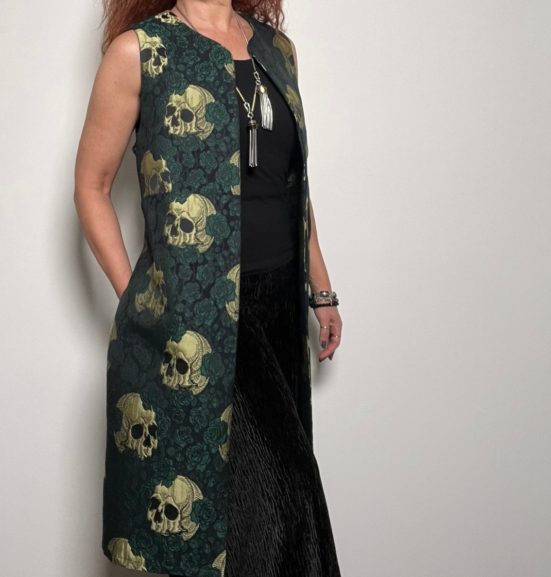 skulls and roses jacquard vest one of a kind ladies apparel stylish clothing handmade in melbourne classy elegant clothing timeless pieces timeless clothing classic style unique clothing unique style ageless style luxe fabrics statement clothing statement style evening style clothing floral vest womens clothing made in australia eloise the label