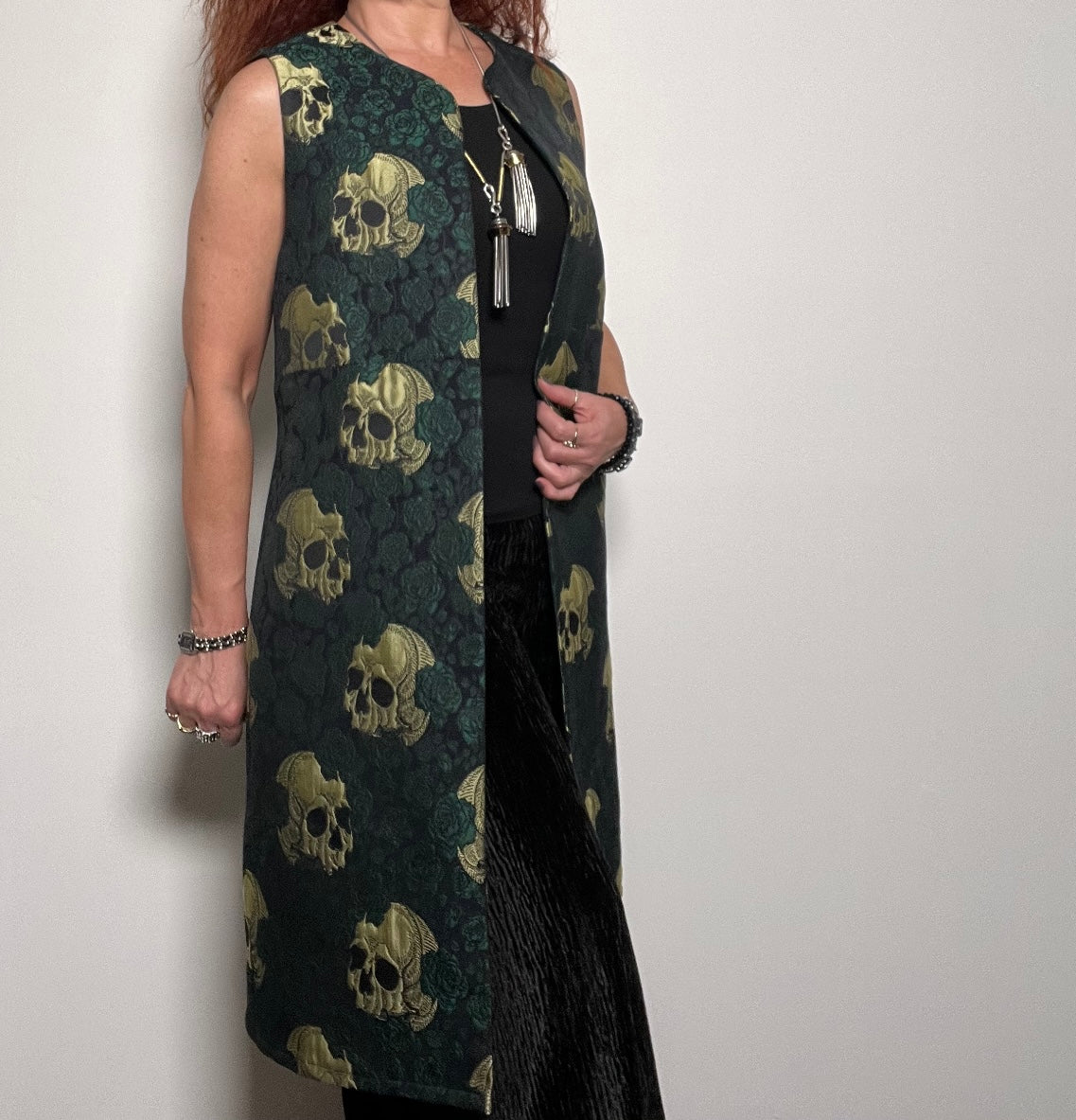 skulls and roses jacquard vest one of a kind ladies apparel stylish clothing handmade in melbourne classy elegant clothing timeless pieces timeless clothing classic style unique clothing unique style ageless style luxe fabrics statement clothing statement style evening style clothing floral vest womens clothing made in australia eloise the label