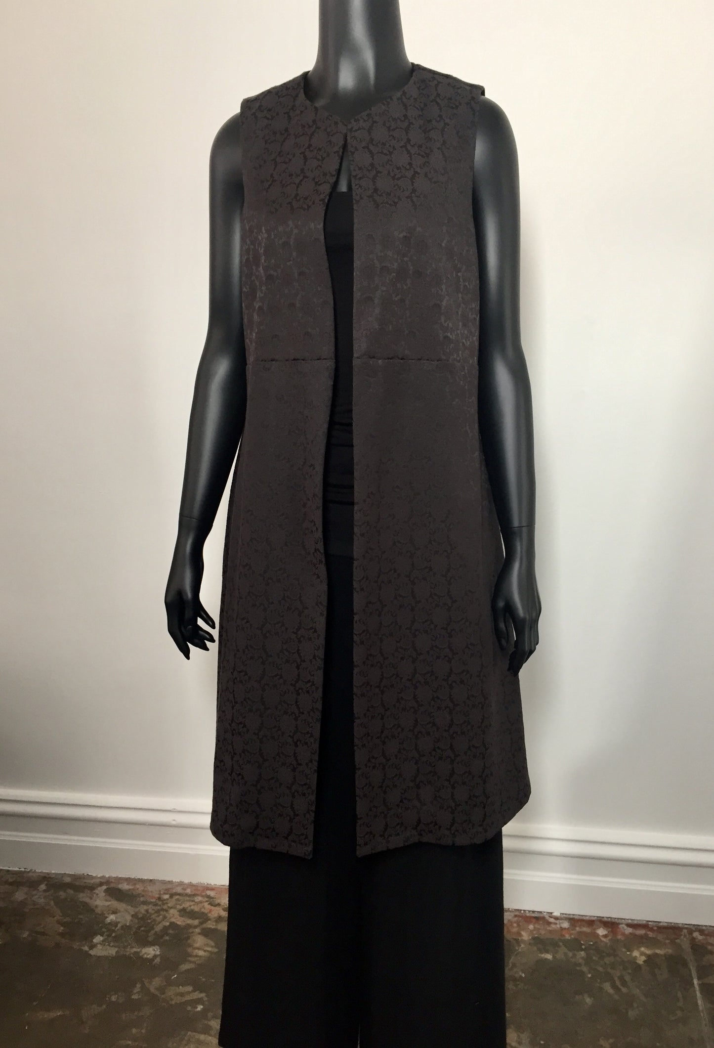 black jacquard vest ladies apparel stylish clothing handmade in melbourne classy elegant clothing timeless pieces timeless clothing classic style unique clothing unique style ageless style luxe fabrics statement clothing statement style evening style clothing floral vest womens clothing made in australia eloise the label