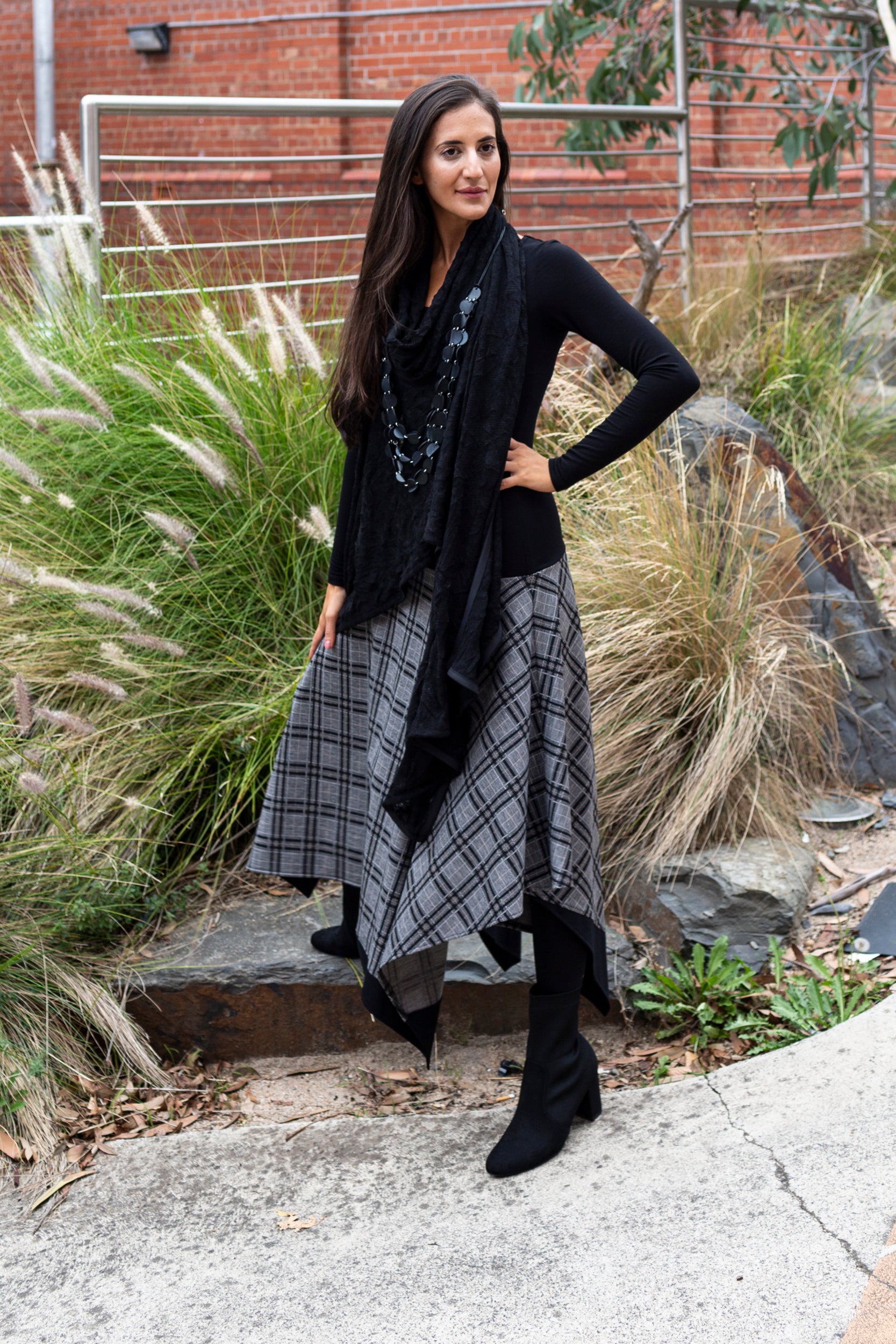 skirt ladies apparel plaid skirt stylish clothing handmade in melbourne classy elegant clothing timeless pieces timeless clothing classic style unique clothing unique style ageless style luxe fabrics black statement clothing statement style evening style clothing womens clothing made in australia eloise the label