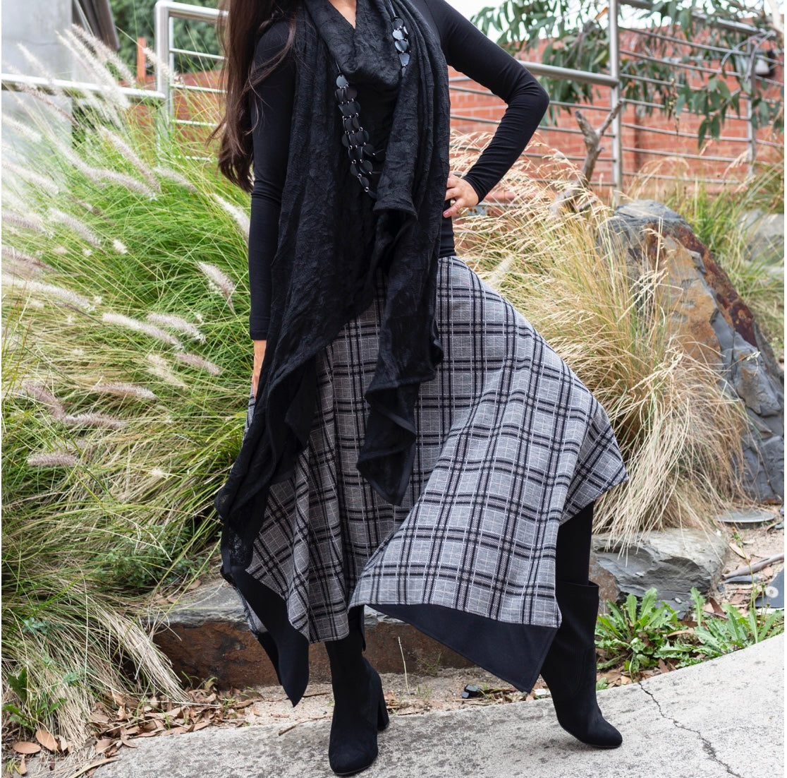 skirt ladies apparel plaid skirt stylish clothing handmade in melbourne classy elegant clothing timeless pieces timeless clothing classic style unique clothing unique style ageless style luxe fabrics black statement clothing statement style evening style clothing womens clothing made in australia eloise the label